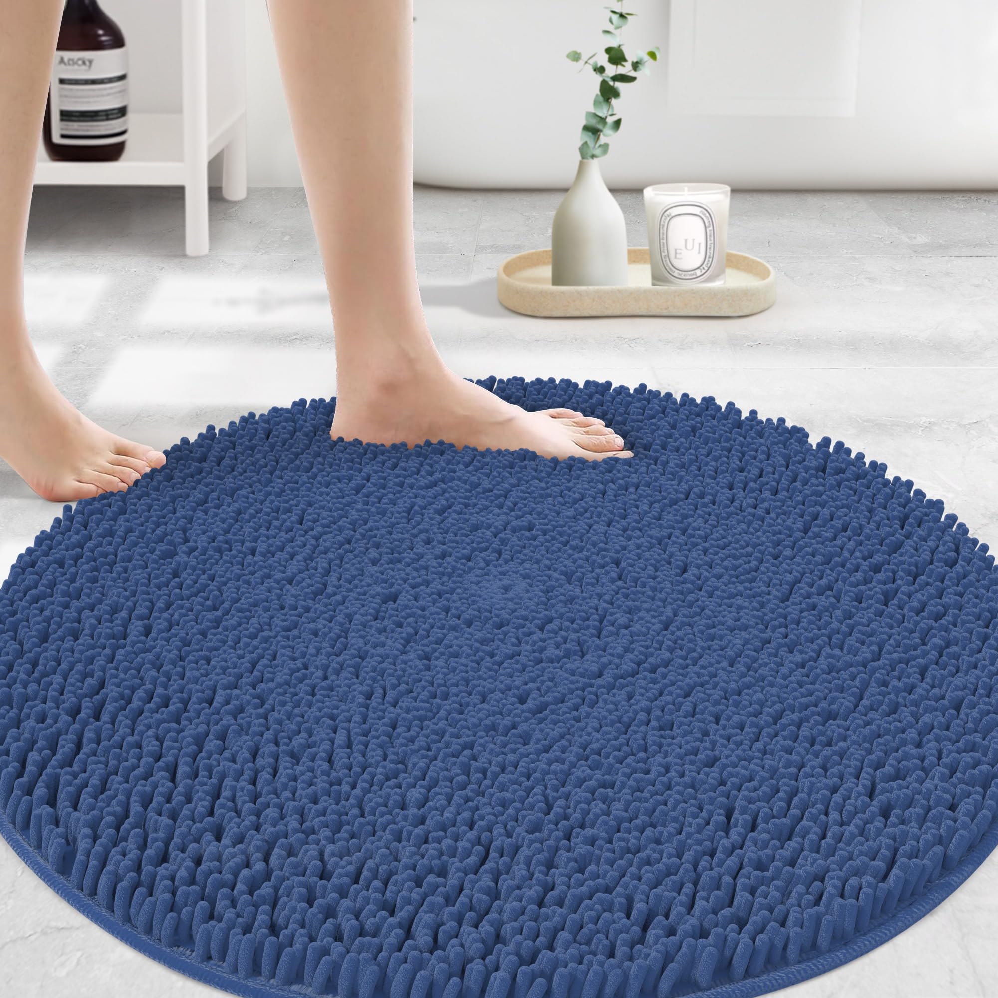 MAYSHINE Round Area Rug Set for Bathroom | Soft Plush Chenille Bath Mat, Water Absorbent Non-Slip Bathroom Rug | Washable Shag Carpet for Shower, Bedroom, or Home Décor | 36"x36" (Round) | White
