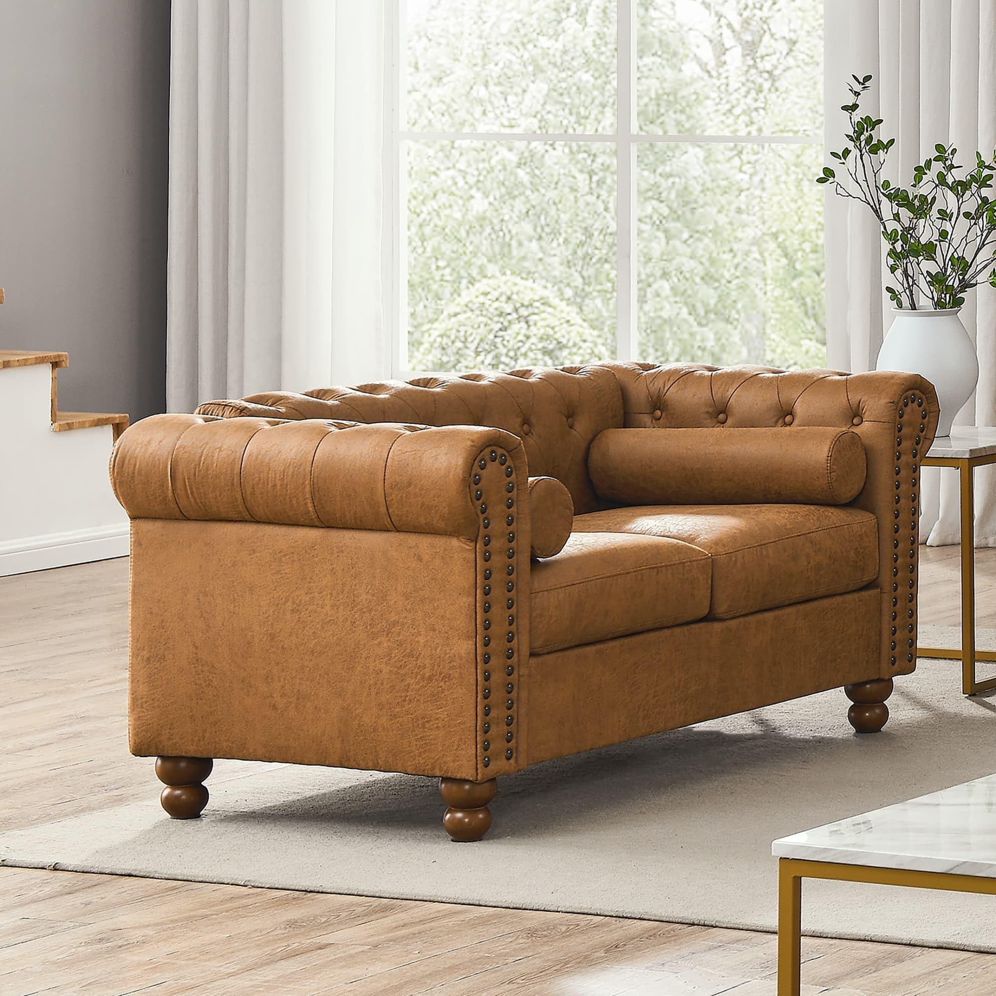 Velvet Loveseat Couch, Rolled Arm 2-Seater Tufted Sofa with Nailhead Trim and 2 Neck Roll Pillows, Living Room Small Apartment Office Décor Green