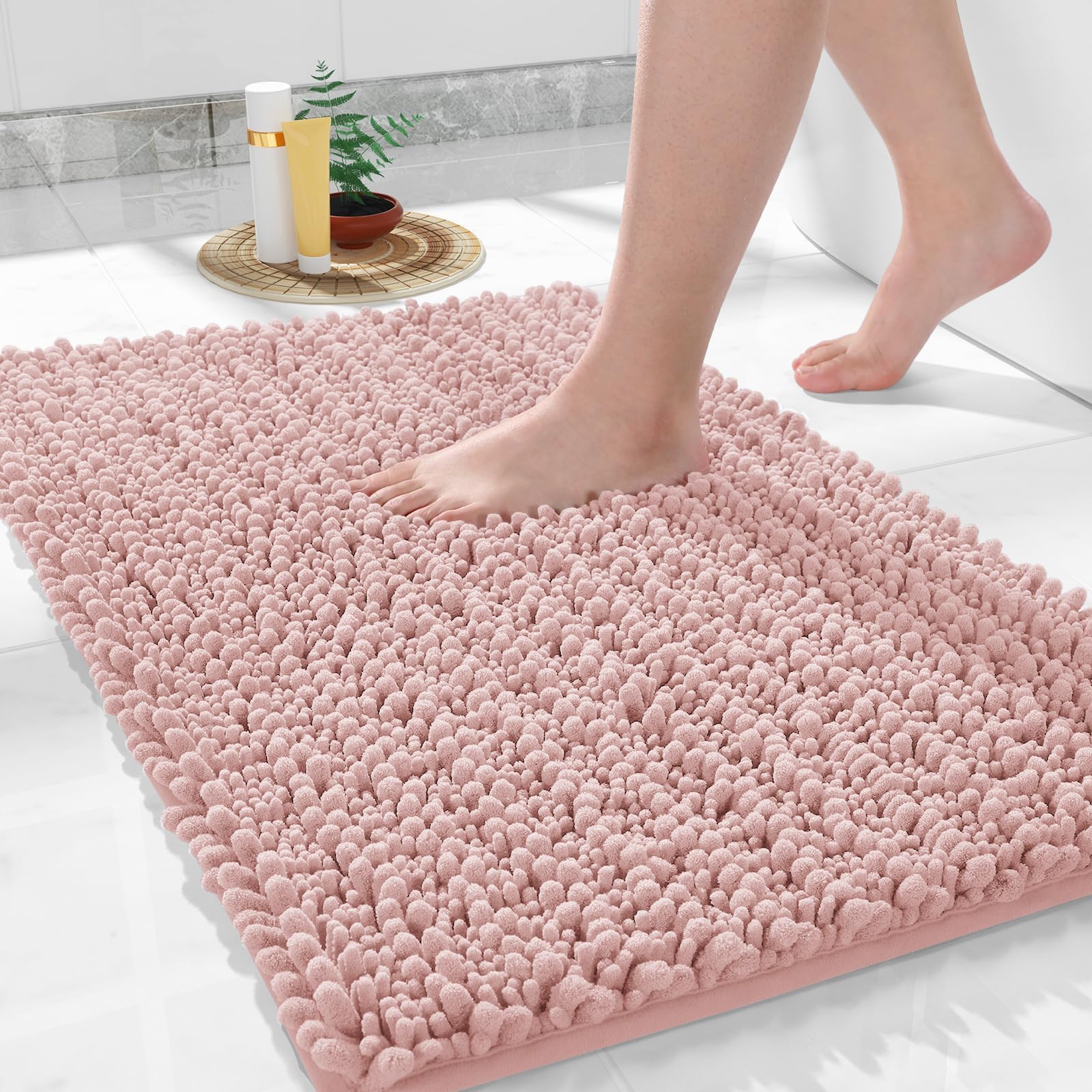 Yimobra Bathroom Rugs Non Slip Washable - Ultra Soft Absorbent Chenille Bath Mat, Quick Dry Shaggy Floor Carpet for Tub Shower, Gray Home Decor Accessories, 24x17 Inch