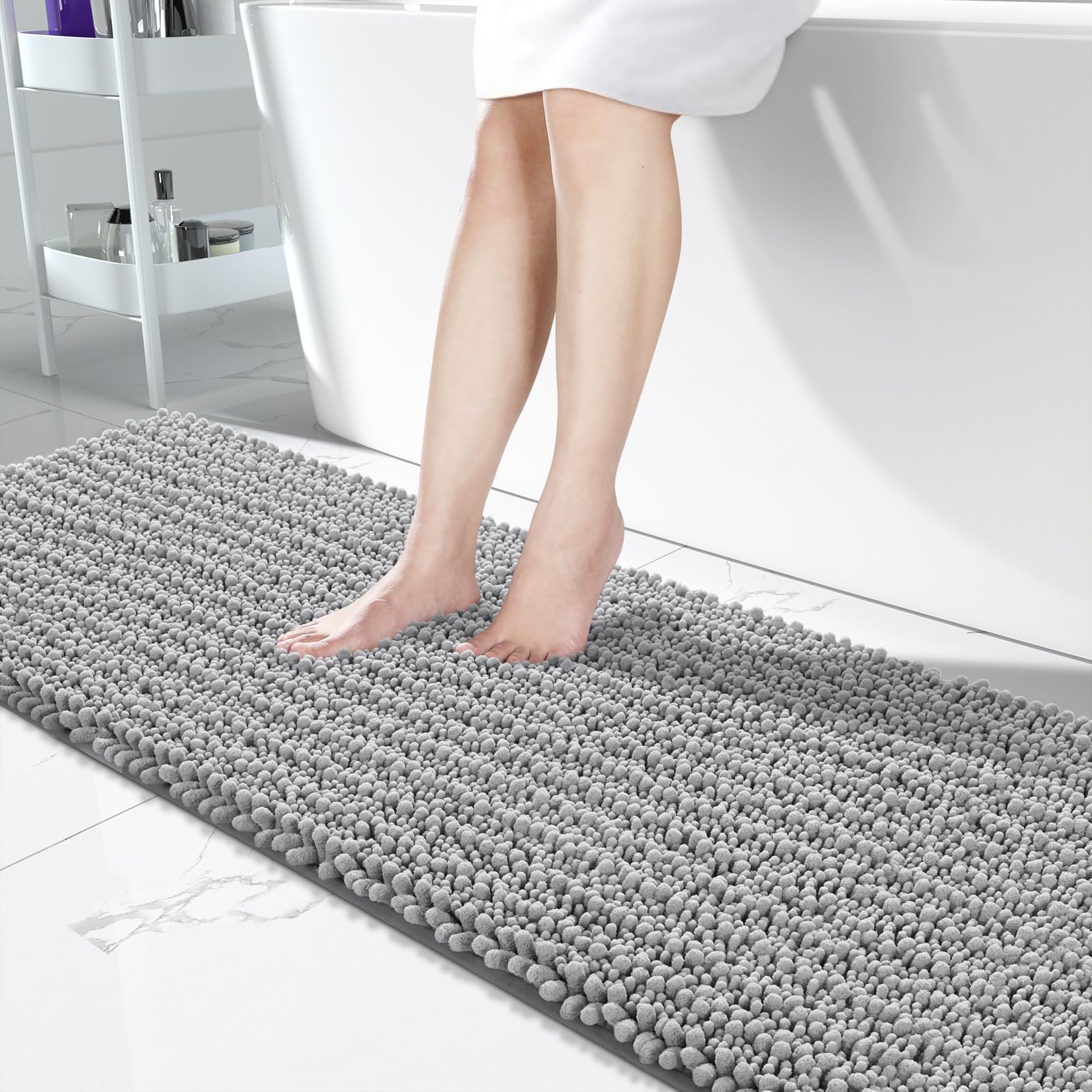 Yimobra Bathroom Rugs Non Slip Washable - Ultra Soft Absorbent Chenille Bath Mat, Quick Dry Shaggy Floor Carpet for Tub Shower, Gray Home Decor Accessories, 24x17 Inch