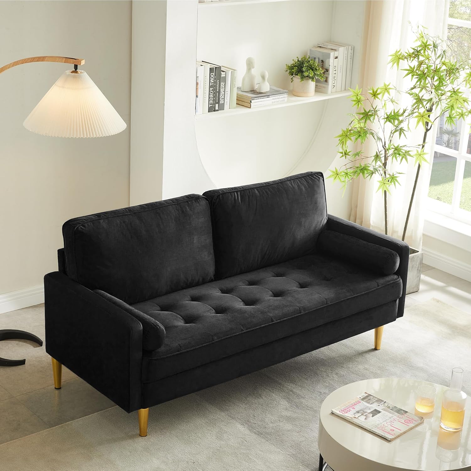 67" Modern Velvet Loveseat Sofa Couch, Mid-Century Tufted Upholstered Small Love Seat Couch with 2 Pillows & 4 Golden Legs, 2-Seats Couches for Compact Space, Living Room, Apartment (Black)