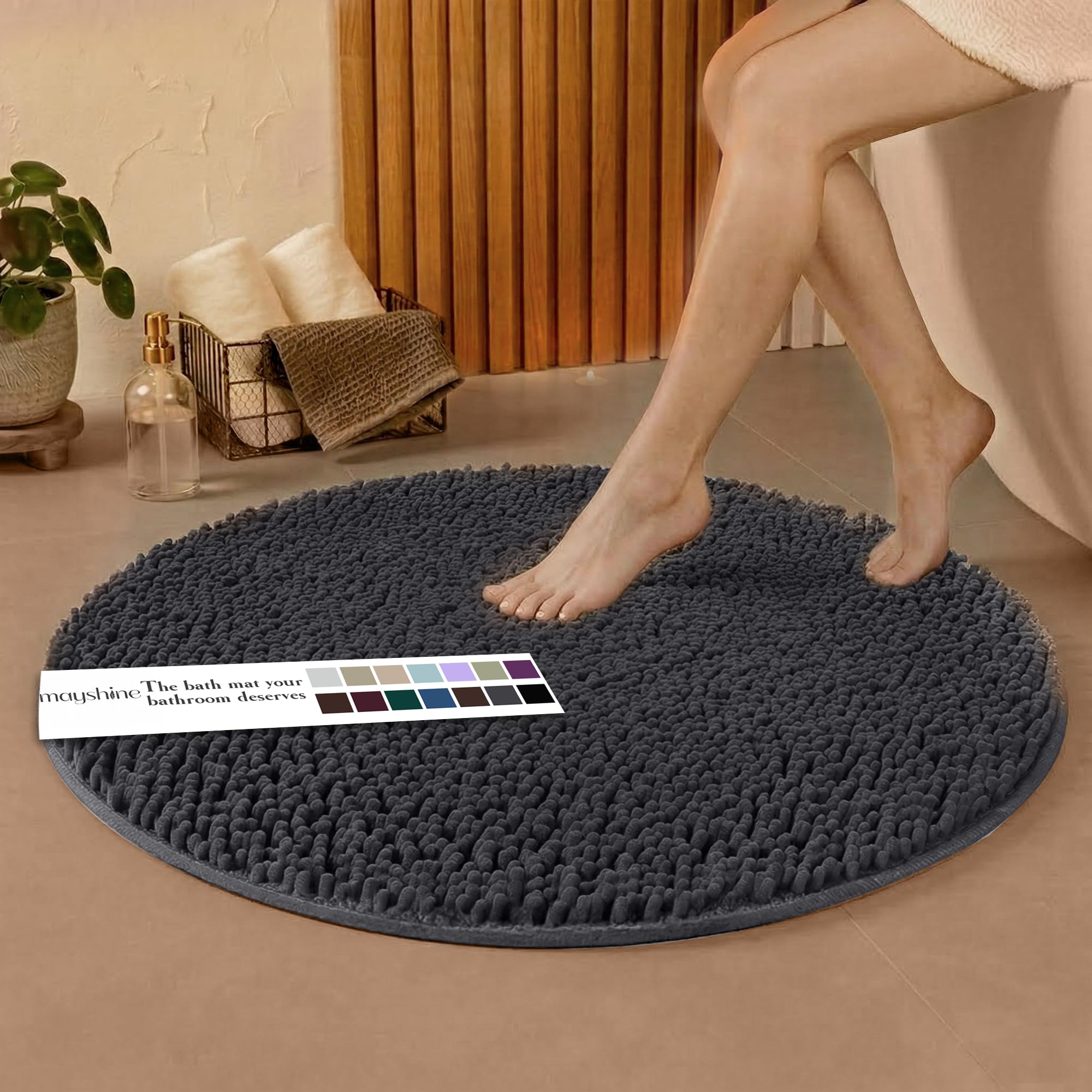 MAYSHINE Round Area Rug Set for Bathroom | Soft Plush Chenille Bath Mat, Water Absorbent Non-Slip Bathroom Rug | Washable Shag Carpet for Shower, Bedroom, or Home Décor | 36"x36" (Round) | White