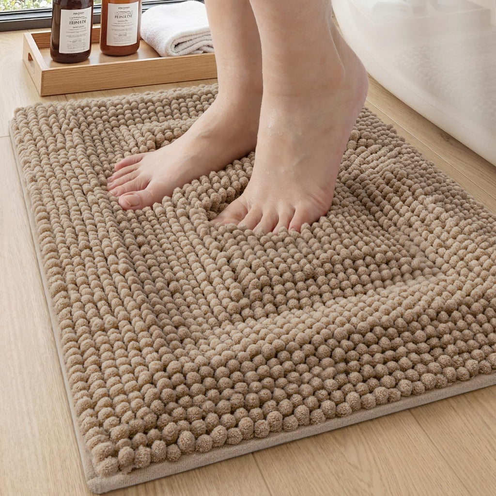 DEXI Bath Mats for Bathroom 16x24, Non Slip Washable Bathroom Rug, Thick Soft Chenille Absorbent Bathmat for Shower Floor, Fluffy Shaggy Carpet for Tub, Grey