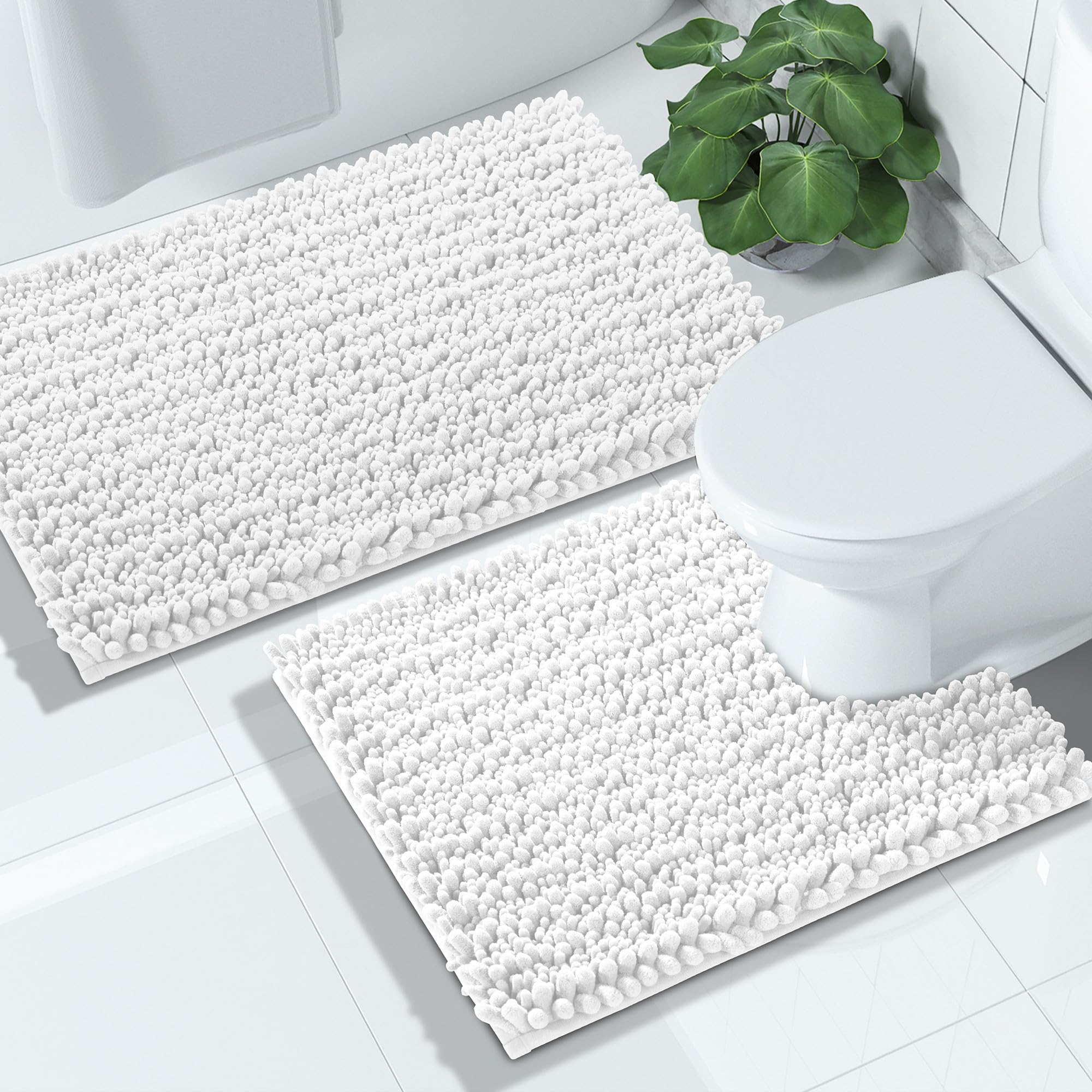 Yimobra Bathroom Rugs Sets 2 Piece - Quick Dry Extra Thick Luxury Chenille Bath Mat, Non Slip Super Absorbent for Tub Shower Sink, Machine Washable Shaggy Floor Mat, 32"x20"+24"x17" Inch, Black