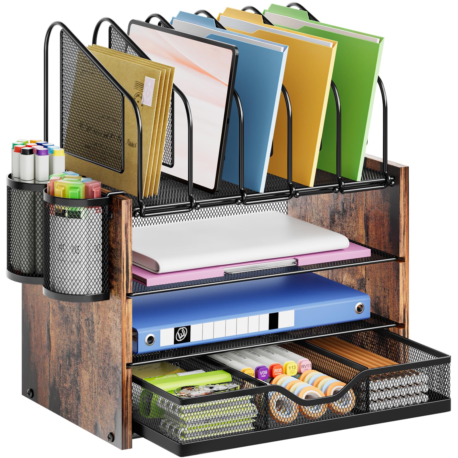 Marbrasse Desk Organizer with Drawer, 4-Tier Wooden File Organizer with 5 Vertical File Holders and 2 Pen Holders, Desk Organizers and Accessories for Home Office - Dark Brown