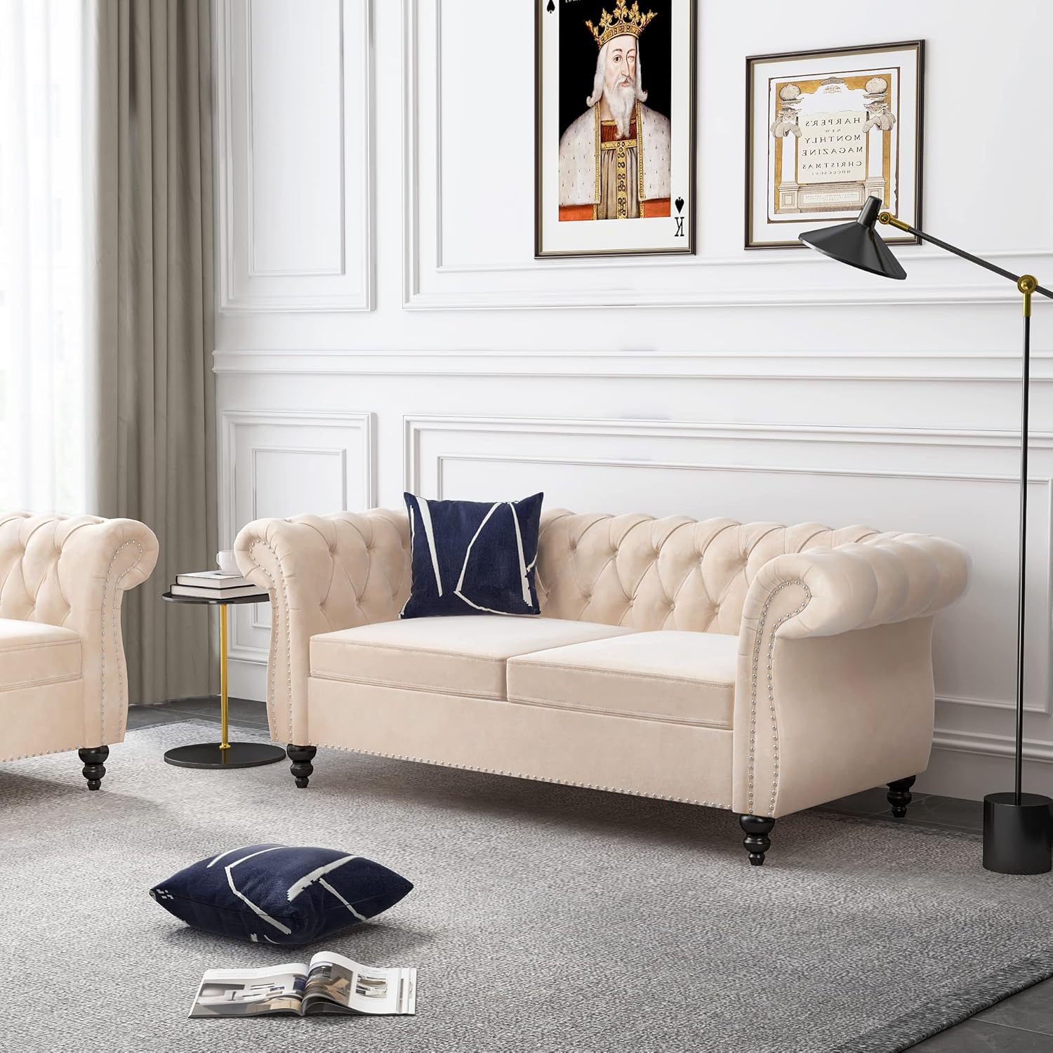 ORRD Chesterfield Loveseat, Modern Velvet Sofa Tufted Couch 2 Seater with Scroll Arms and Nailhead for Living Room, Bedroom, Office, Apartment (Beige)