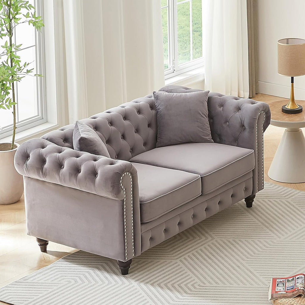 Modern Chesterfield Sofa Couch, 63.5-inch Velvet Fabric Loveseat Sofa with Rolled Arms and Tufted Button for Living Room, Office, Light Grey