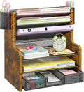 DAOUTIME 6-Tier Mesh Desk Organizer with Drawer, Wooden Office Organizer for Papers, Folders & Office Supplies - Sturdy Desktop File Holder with 2 Pen Holders - Space Saving Home Office Accessories