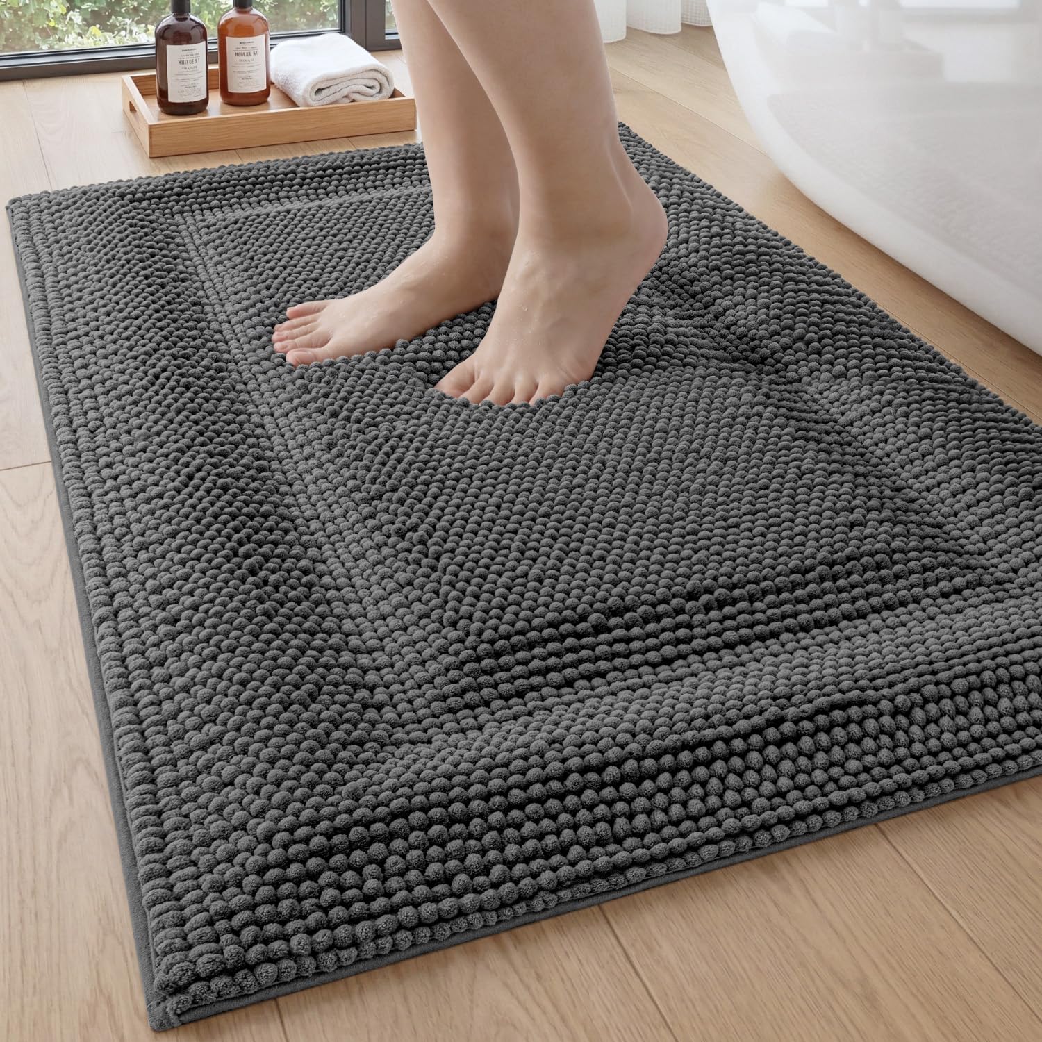 DEXI Bath Mats for Bathroom 16x24, Non Slip Washable Bathroom Rug, Thick Soft Chenille Absorbent Bathmat for Shower Floor, Fluffy Shaggy Carpet for Tub, Grey