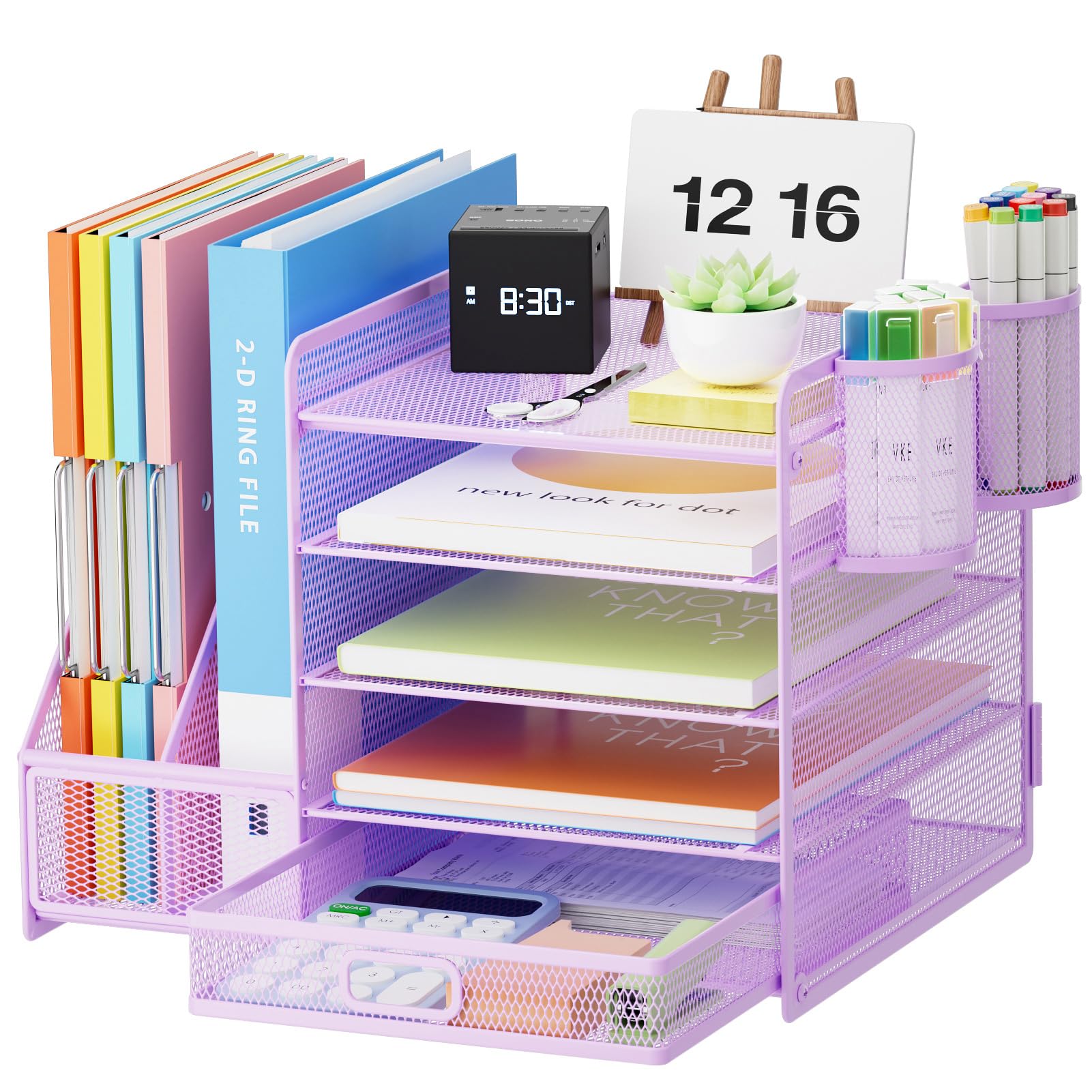 Marbrasse Desk Organizer with File Holder, 5-Tier Paper Letter Tray Organizer with Drawer and 2 Pen Holder, Mesh Desktop Organizer and Storage with Magazine Holder for Office Supplies (Wood-Brown)