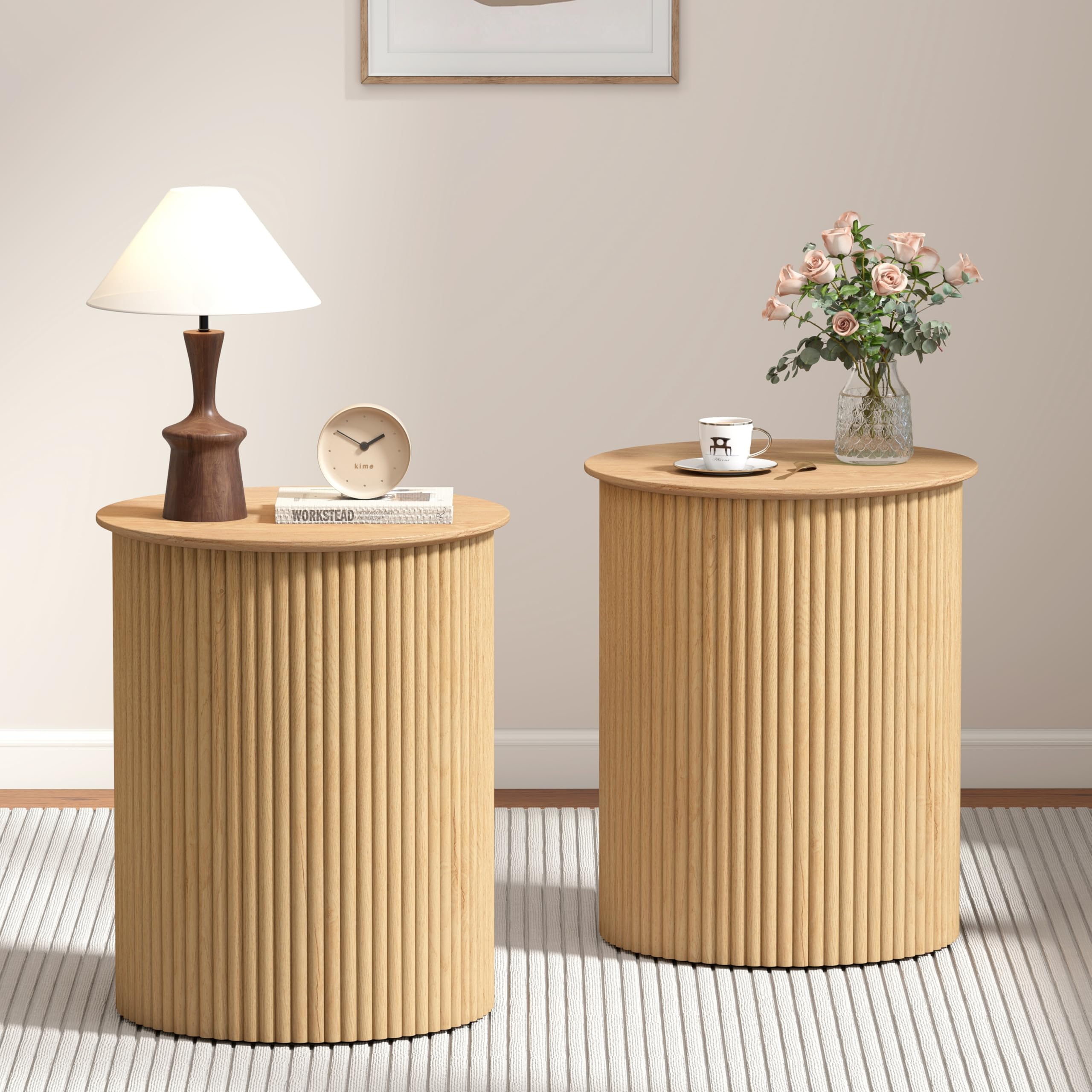 AVZEAR Small Round Side Table Fluted Night Stand Set of 2, Mid Century Modern End Table with Storage, Circle Bedside Tables Wood Nightstands for Small Spaces, Living Room, Bedroom (Black)