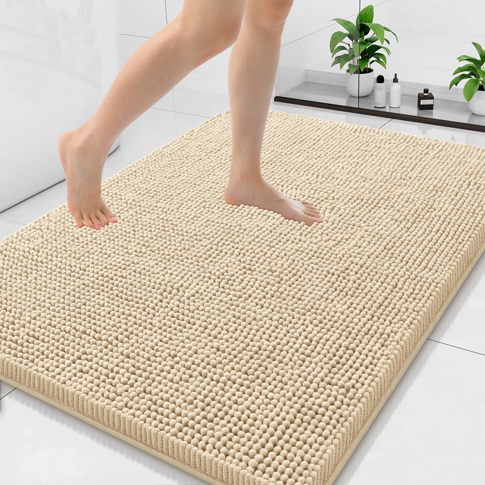 Arotive Bathroom Rugs 70x24, Extra Soft Absorbent Shaggy Chenille Bath Rugs, Machine Washable Rubber Backing Non-Slip Bath Mats for Bathroom Floor Tub and Shower, Home Decor Accessories, Beige