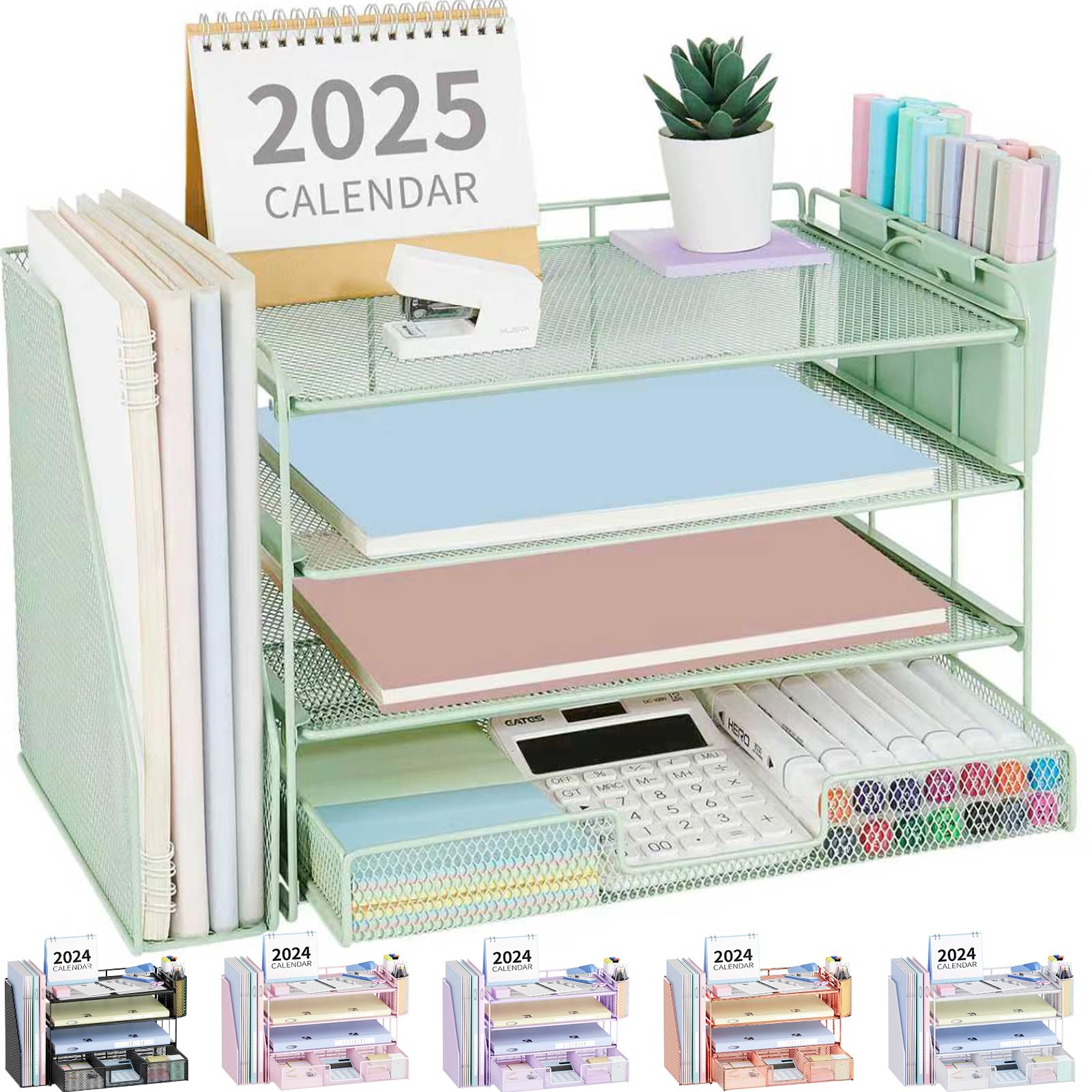OPNICE Desk Organizer, 4-Tier Desktop File Organizer with Drawer and 2 Pen Holders, Office Desk Accessories, File Sorters, Workspace Organizers for Office Supplies(Brown Wood)