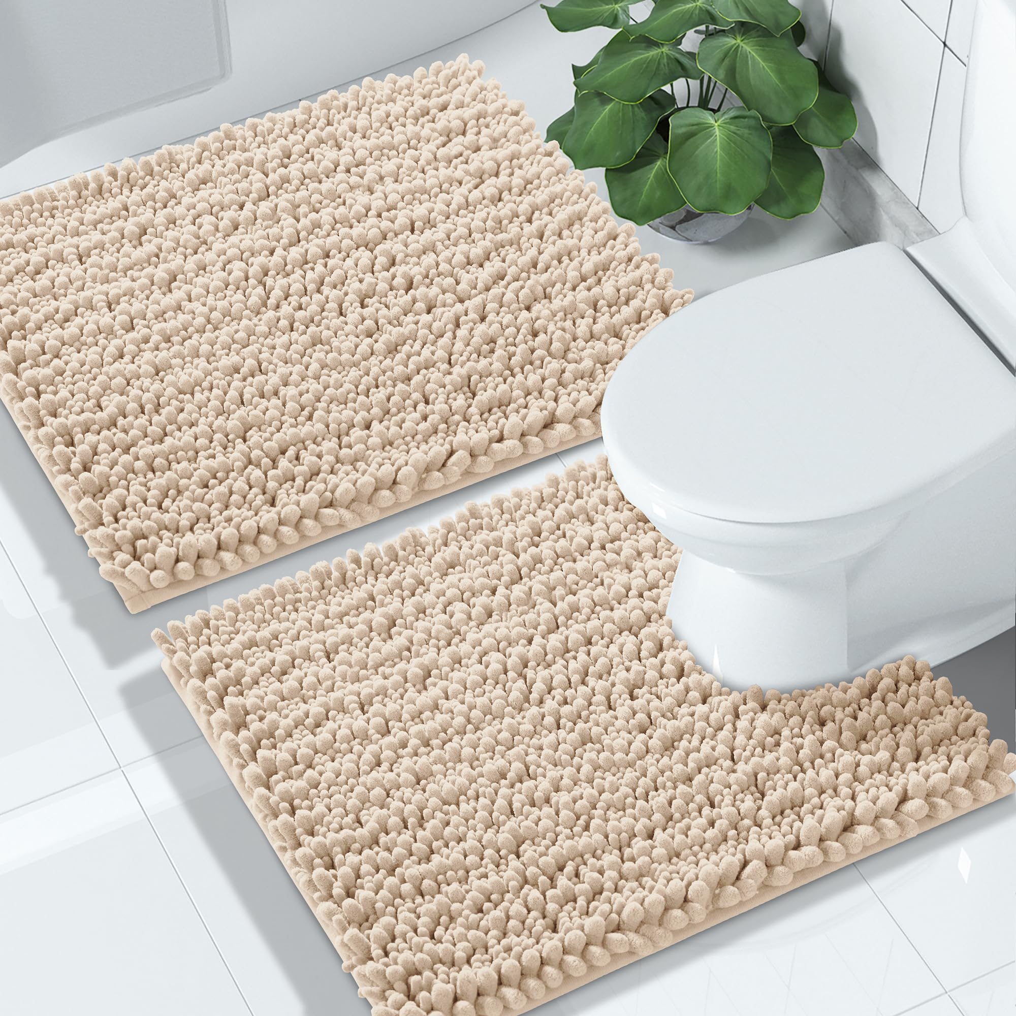 Yimobra Bathroom Rugs Sets 2 Piece - Quick Dry Extra Thick Luxury Chenille Bath Mat, Non Slip Super Absorbent for Tub Shower Sink, Machine Washable Shaggy Floor Mat, 32"x20"+24"x17" Inch, Black