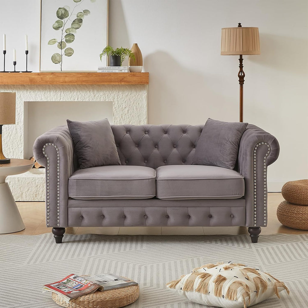 Modern Chesterfield Sofa Couch, 63.5-inch Velvet Fabric Loveseat Sofa with Rolled Arms and Tufted Button for Living Room, Office, Light Grey