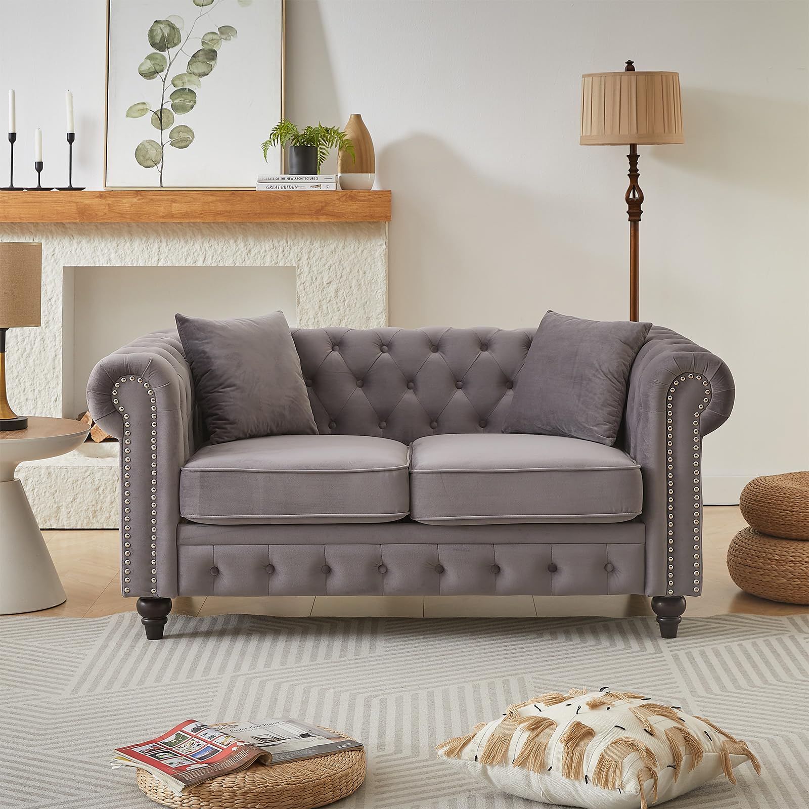 Modern Chesterfield Sofa Couch, 63.5-inch Velvet Fabric Loveseat Sofa with Rolled Arms and Tufted Button for Living Room, Office, Light Grey