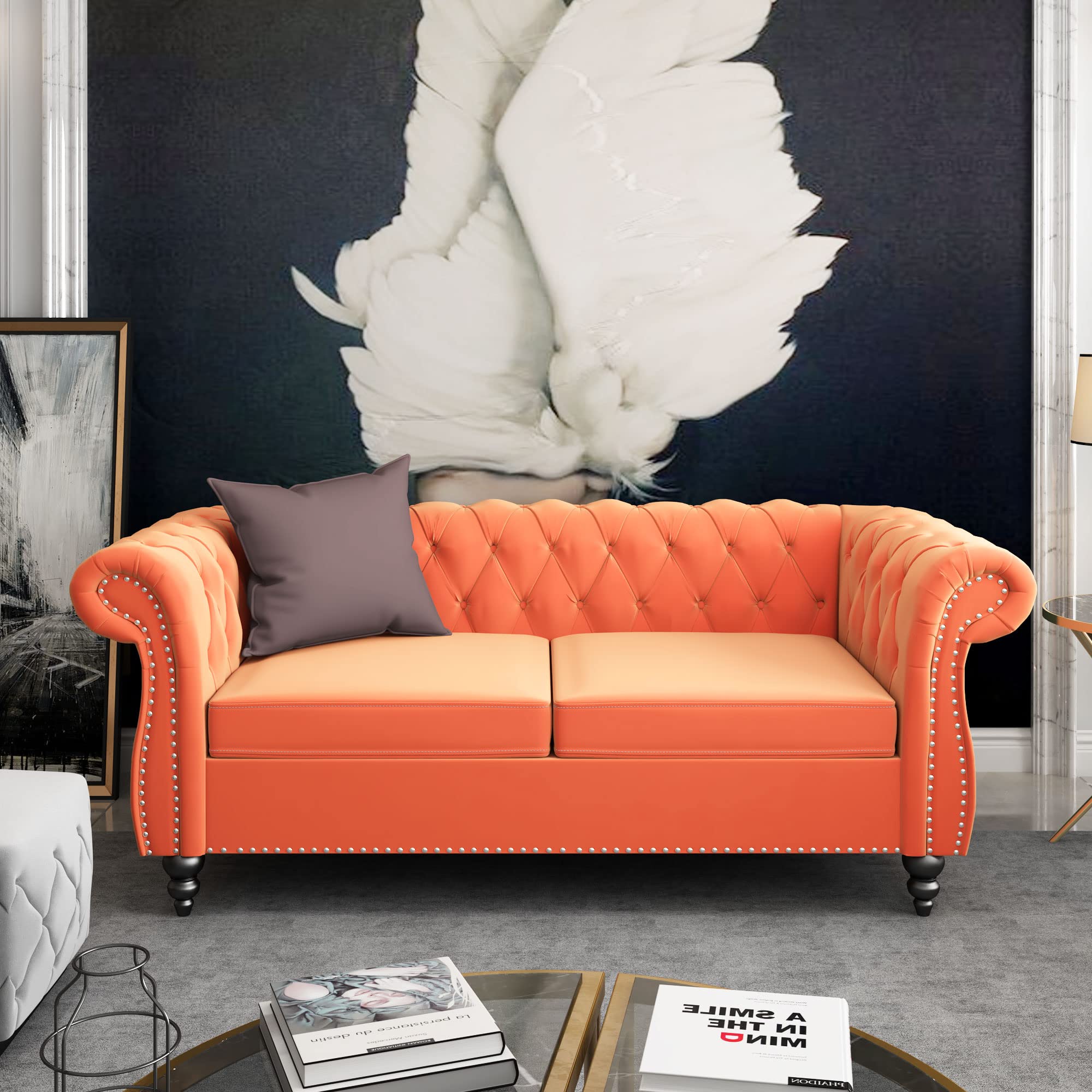ORRD Chesterfield Loveseat, Modern Velvet Sofa Tufted Couch 2 Seater with Scroll Arms and Nailhead for Living Room, Bedroom, Office, Apartment (Beige)