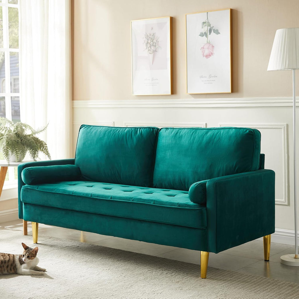67" Mid Century Modern Loveseat Sofa, 2-Seater Velvet Tufted Love Seat Couch with Bolster Pillows, Golden Frosted Legs for Small Space, Living Room, Apartment, Bedroom (Green)