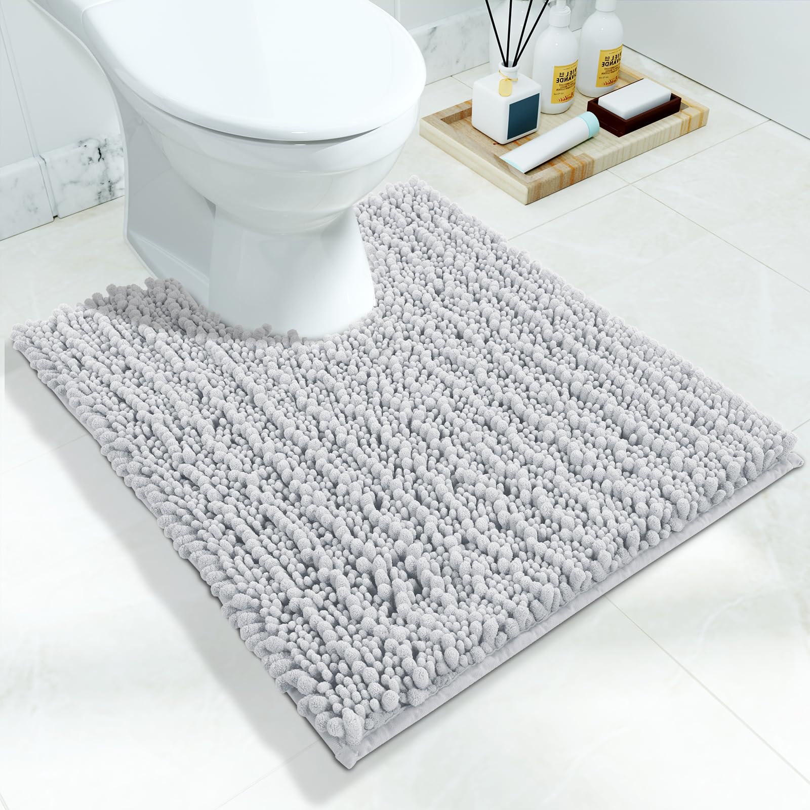 Yimobra Bathroom Rugs Non Slip Washable - Ultra Soft Absorbent Chenille Bath Mat, Quick Dry Shaggy Floor Carpet for Tub Shower, Gray Home Decor Accessories, 24x17 Inch
