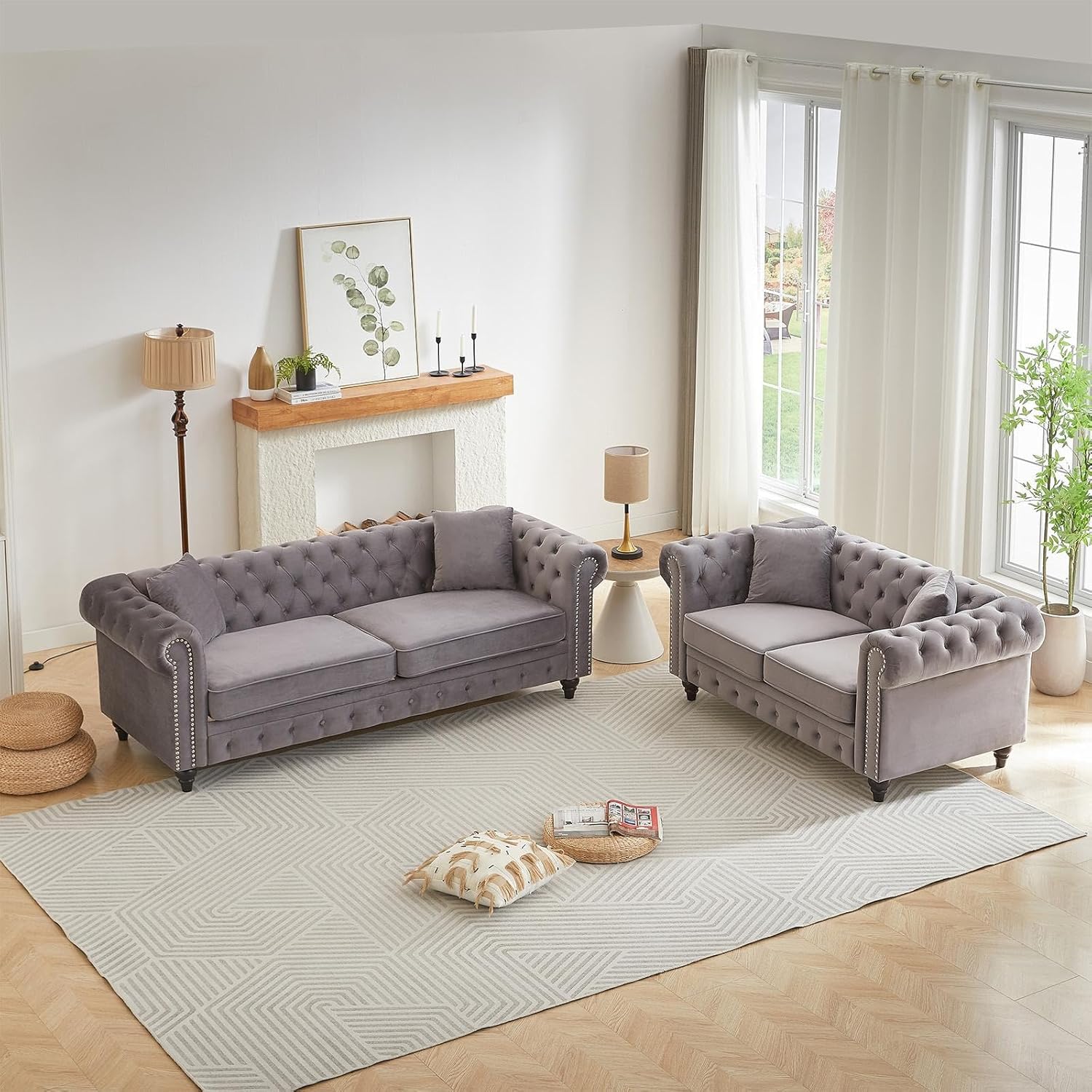 Modern Chesterfield Sofa Set for Living Room, 2 Piece Velvet Fabric Furniture Sets 3 Seater Couch&Loveseat Sofa with Rolled Arms and Tufted Button, Office, Light Grey