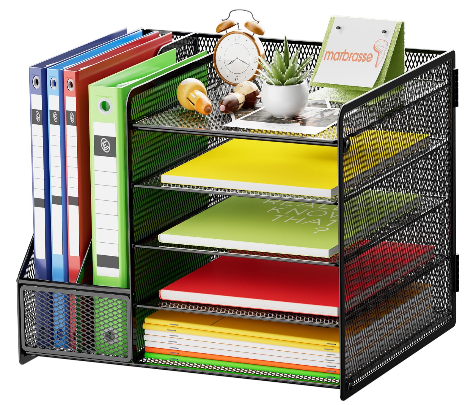 Marbrasse Desk Organizer with File Holder, 5-Tier Paper Letter Tray Organizer with Drawer and 2 Pen Holder, Mesh Desktop Organizer and Storage with Magazine Holder for Office Supplies (Wood-Brown)
