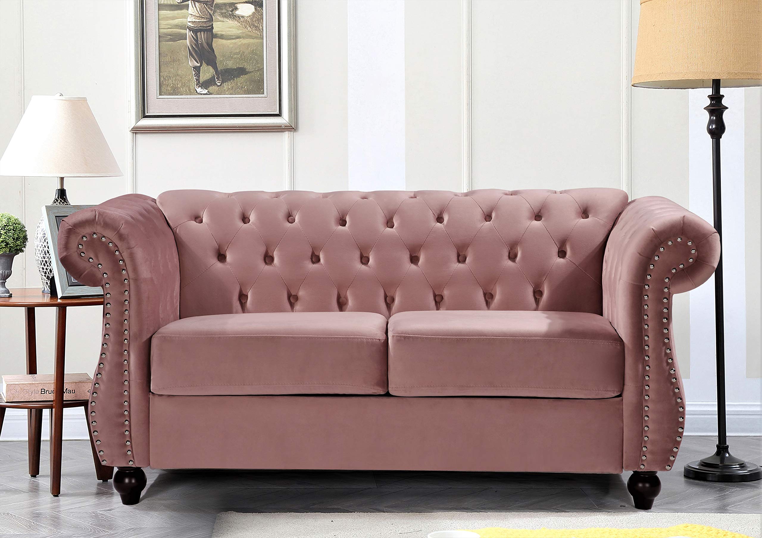 Container Furniture Direct Feinstein Modern Velvet Chesterfield Couches for Living Room with Nailheads, Diamond Tufting & Durable Metal Frame, Loveseat, Green
