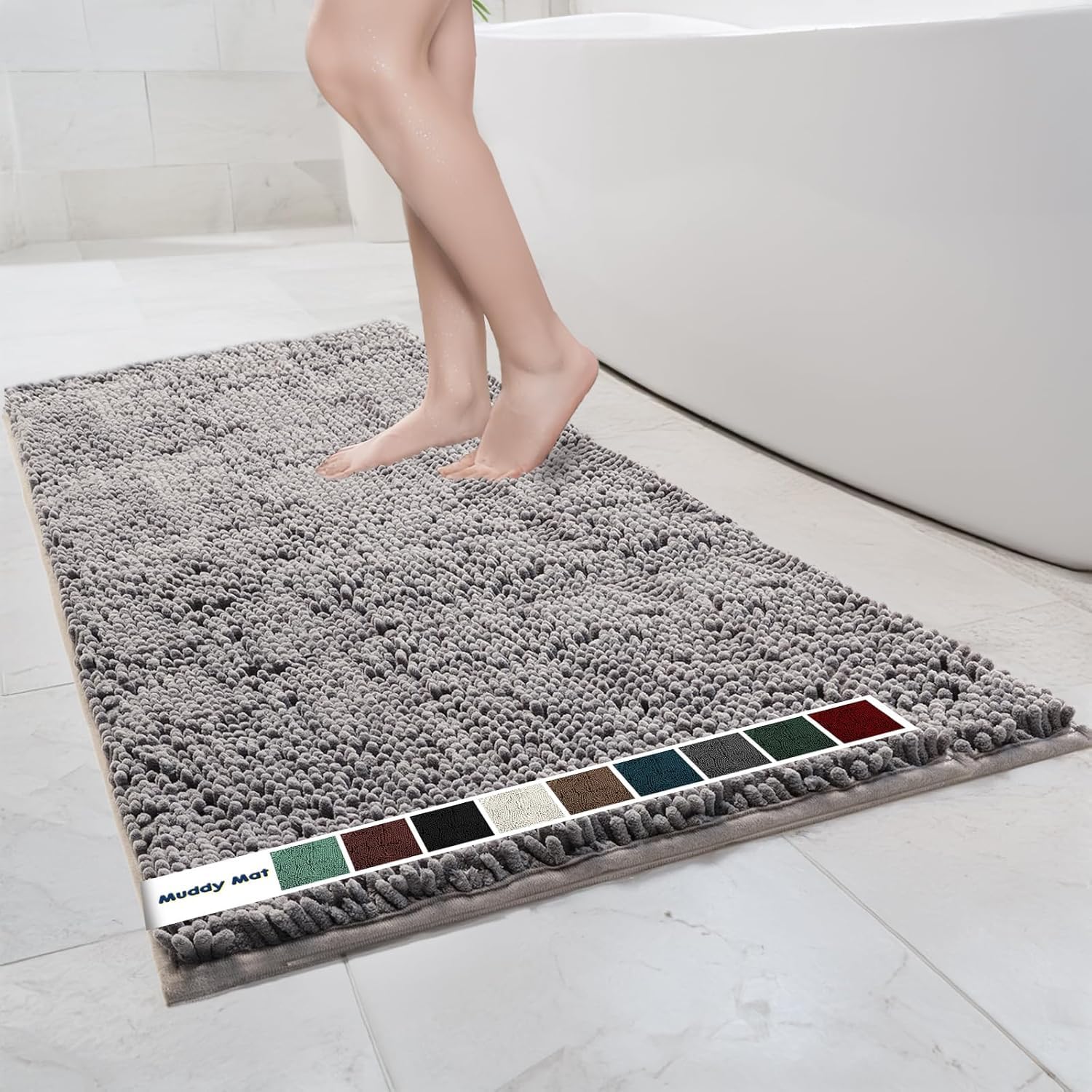 Muddy Mat Chenille Bathroom Rugs Quick Dry Microfiber Mats Non Slip Washable, Extra Thick, Soft and Highly Absorbent Bath Mats for Bathroom, Kitchen, and Shower Floor - Grey Small 28"X18"