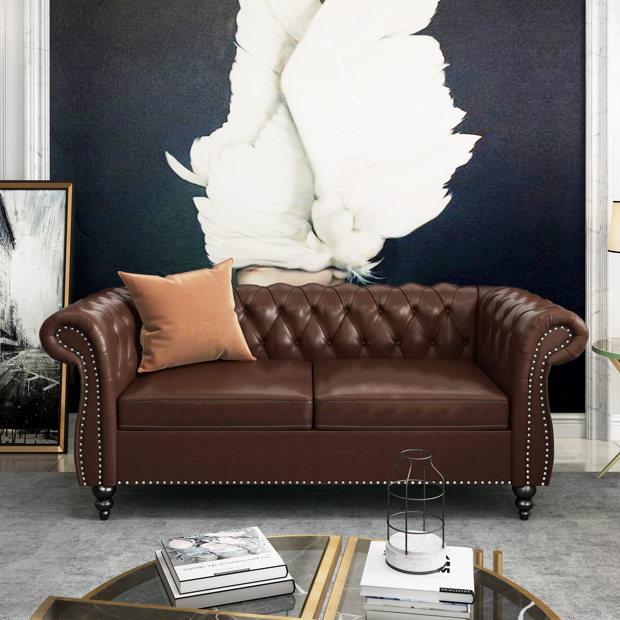 ORRD Chesterfield Loveseat, Modern Velvet Sofa Tufted Couch 2 Seater with Scroll Arms and Nailhead for Living Room, Bedroom, Office, Apartment (Beige)