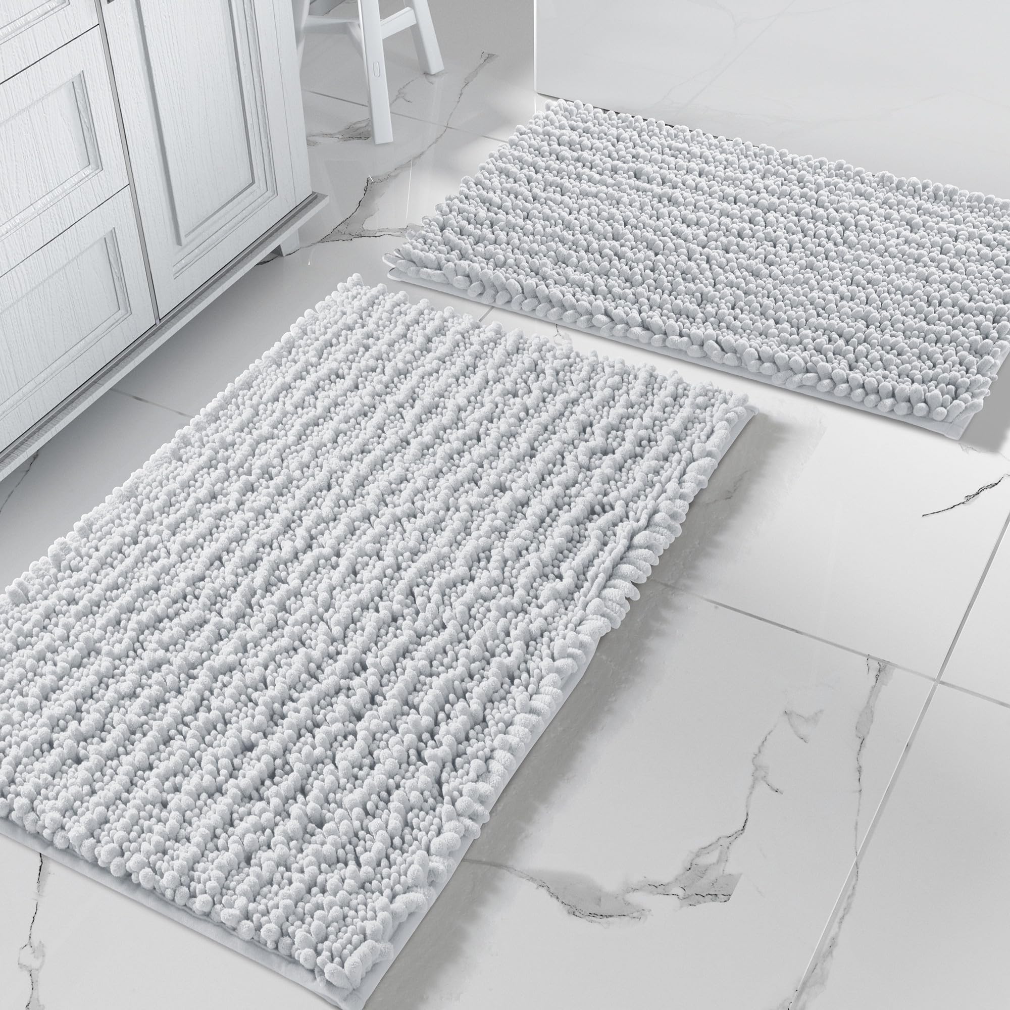 Yimobra Bathroom Rugs Sets 2 Piece - Quick Dry Extra Thick Luxury Chenille Bath Mat, Non Slip Super Absorbent for Tub Shower Sink, Machine Washable Shaggy Floor Mat, 32"x20"+24"x17" Inch, Black