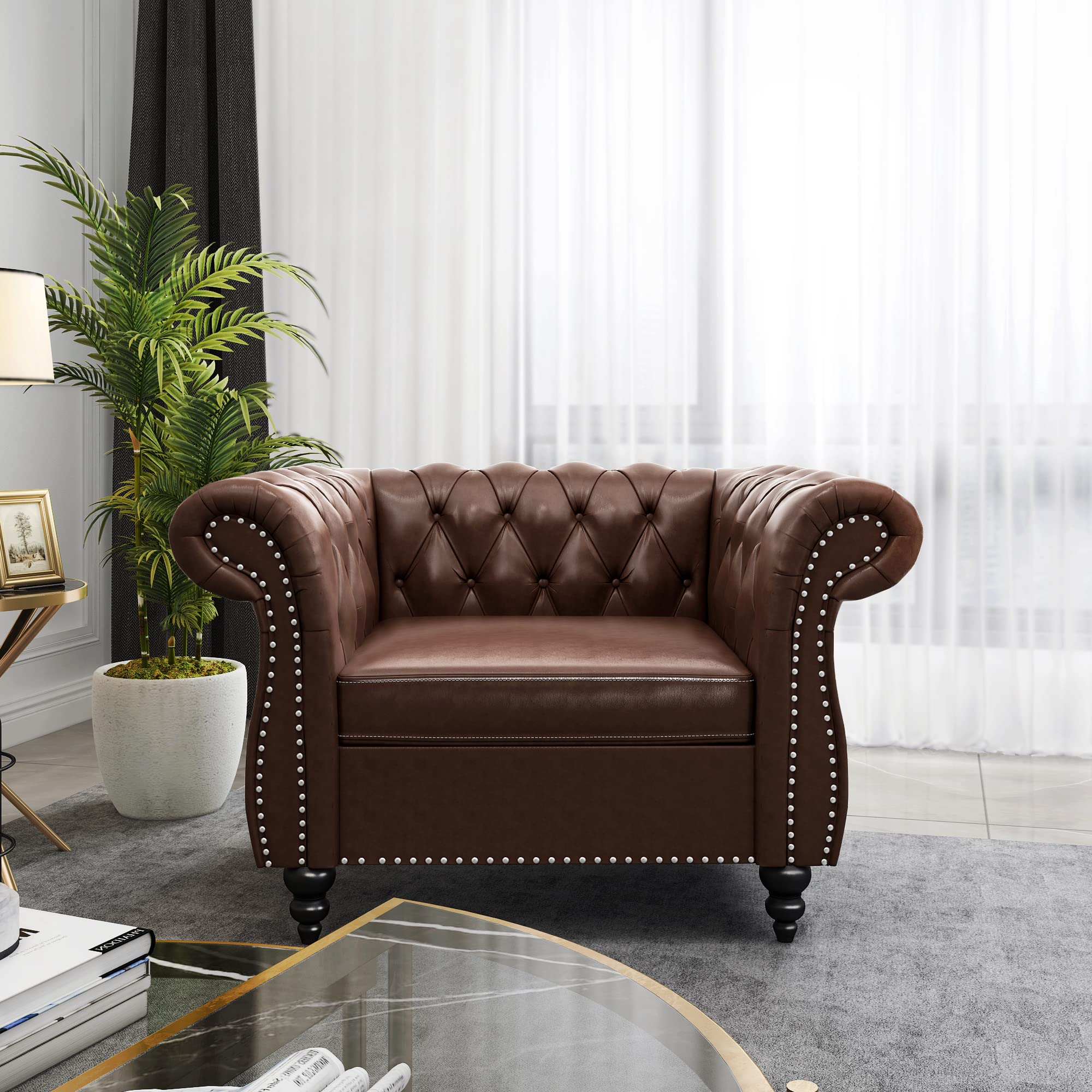 ORRD Chesterfield Loveseat, Modern Velvet Sofa Tufted Couch 2 Seater with Scroll Arms and Nailhead for Living Room, Bedroom, Office, Apartment (Beige)