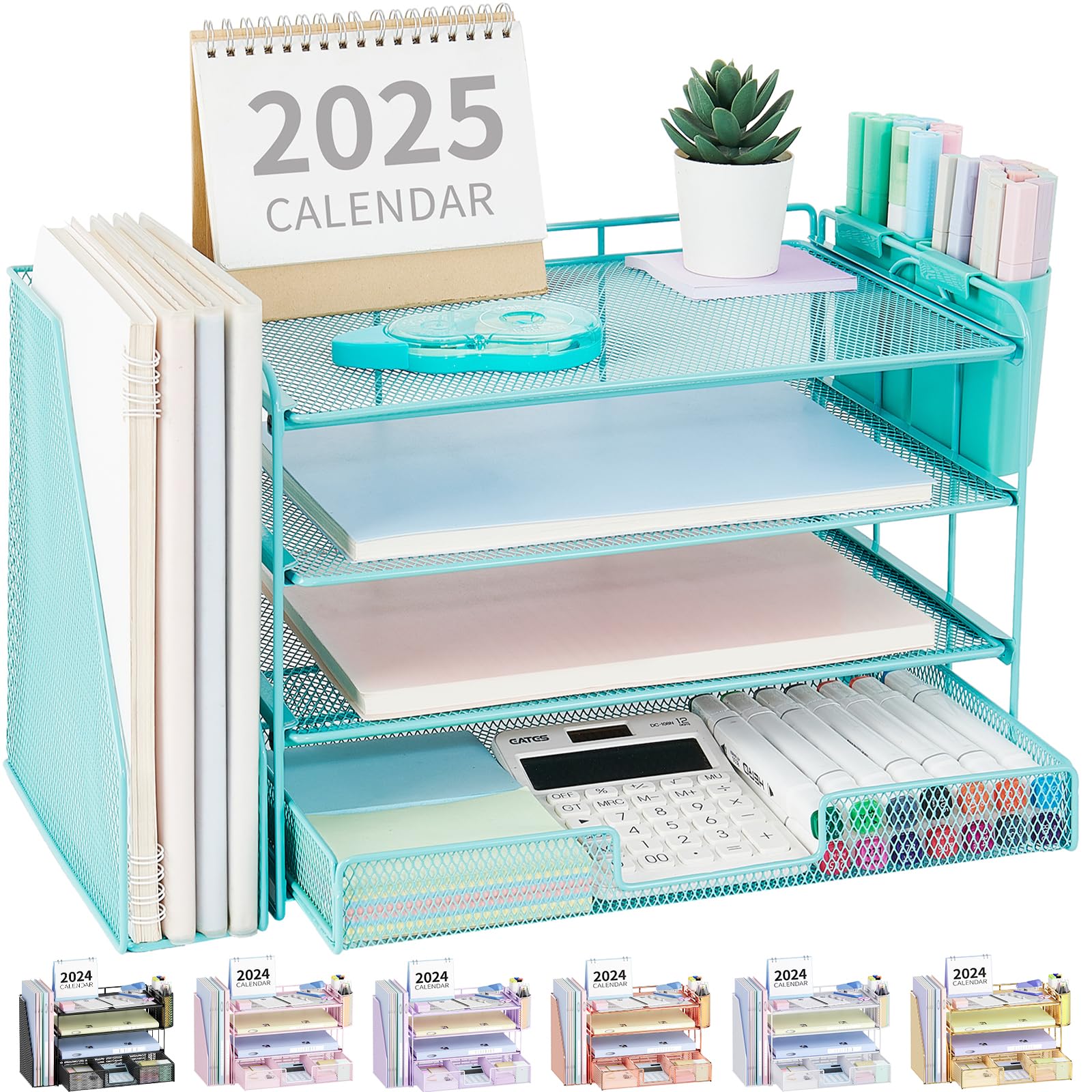 OPNICE Desk Organizer, 4-Tier Desktop File Organizer with Drawer and 2 Pen Holders, Office Desk Accessories, File Sorters, Workspace Organizers for Office Supplies(Brown Wood)