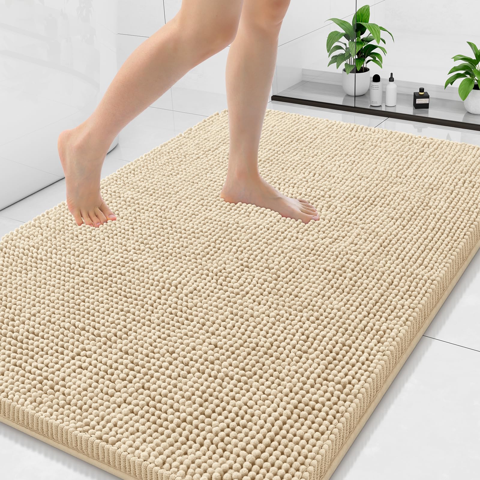 Arotive Bathroom Rugs 70x24, Extra Soft Absorbent Shaggy Chenille Bath Rugs, Machine Washable Rubber Backing Non-Slip Bath Mats for Bathroom Floor Tub and Shower, Home Decor Accessories, Beige