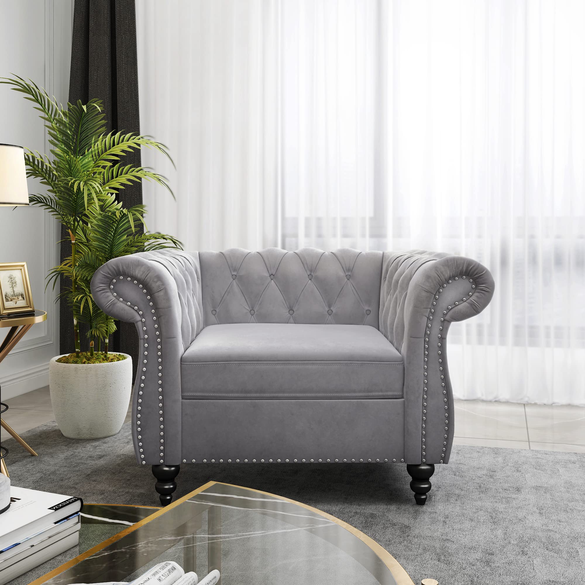 ORRD Chesterfield Loveseat, Modern Velvet Sofa Tufted Couch 2 Seater with Scroll Arms and Nailhead for Living Room, Bedroom, Office, Apartment (Beige)