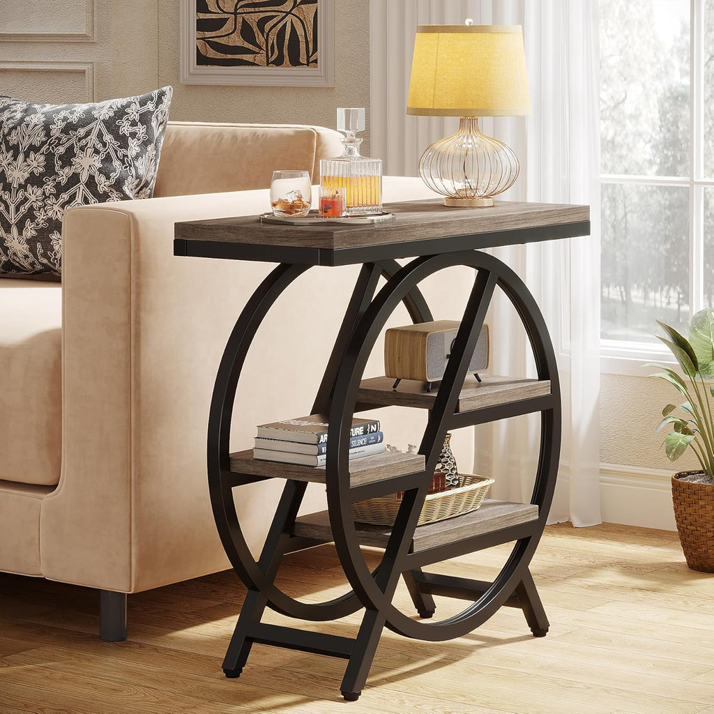 LITTLE TREE End Table, Narrow Side Table with 4-Tier Large Storage Space, Modern Bedside Table for Living Room, Home Office, Bedroom, Grey