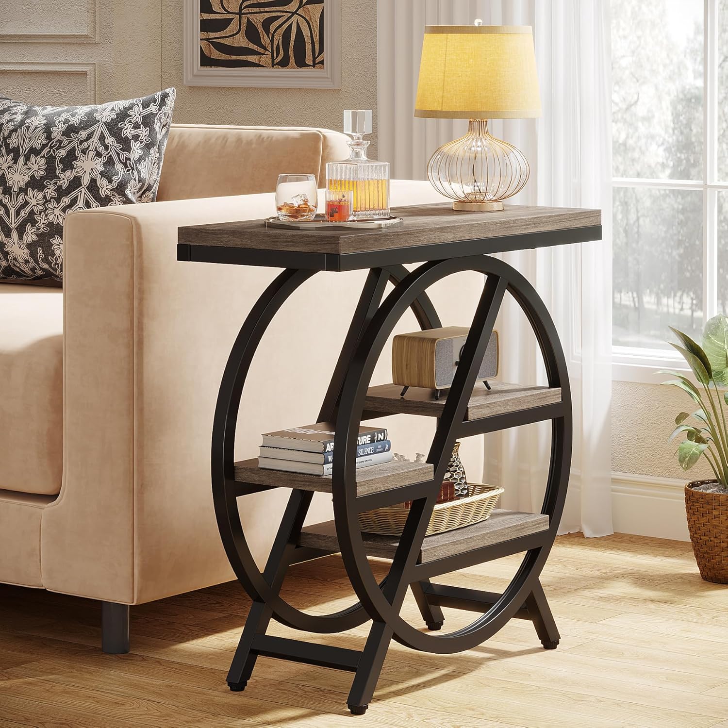 LITTLE TREE End Table, Narrow Side Table with 4-Tier Large Storage Space, Modern Bedside Table for Living Room, Home Office, Bedroom, Grey
