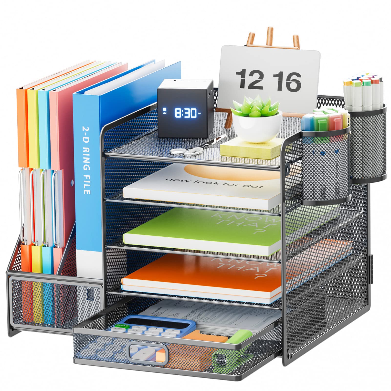 Marbrasse Desk Organizer with File Holder, 5-Tier Paper Letter Tray Organizer with Drawer and 2 Pen Holder, Mesh Desktop Organizer and Storage with Magazine Holder for Office Supplies (Wood-Brown)