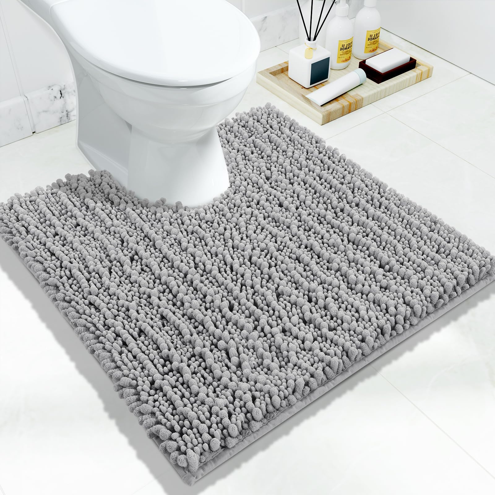 Yimobra Bathroom Rugs Non Slip Washable - Ultra Soft Absorbent Chenille Bath Mat, Quick Dry Shaggy Floor Carpet for Tub Shower, Gray Home Decor Accessories, 24x17 Inch
