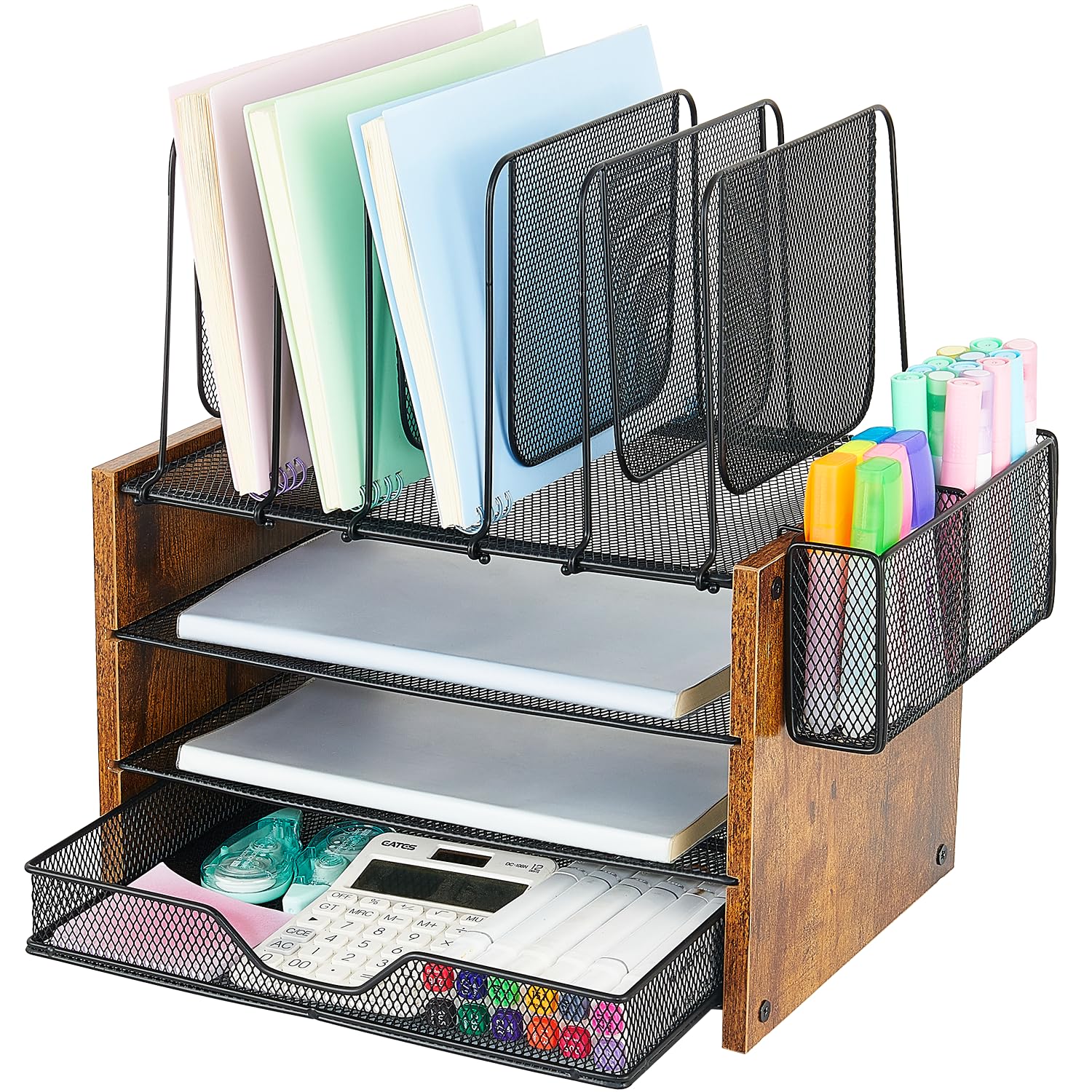OPNICE Desk Organizer, 4-Tier Desktop File Organizer with Drawer and 2 Pen Holders, Office Desk Accessories, File Sorters, Workspace Organizers for Office Supplies(Brown Wood)