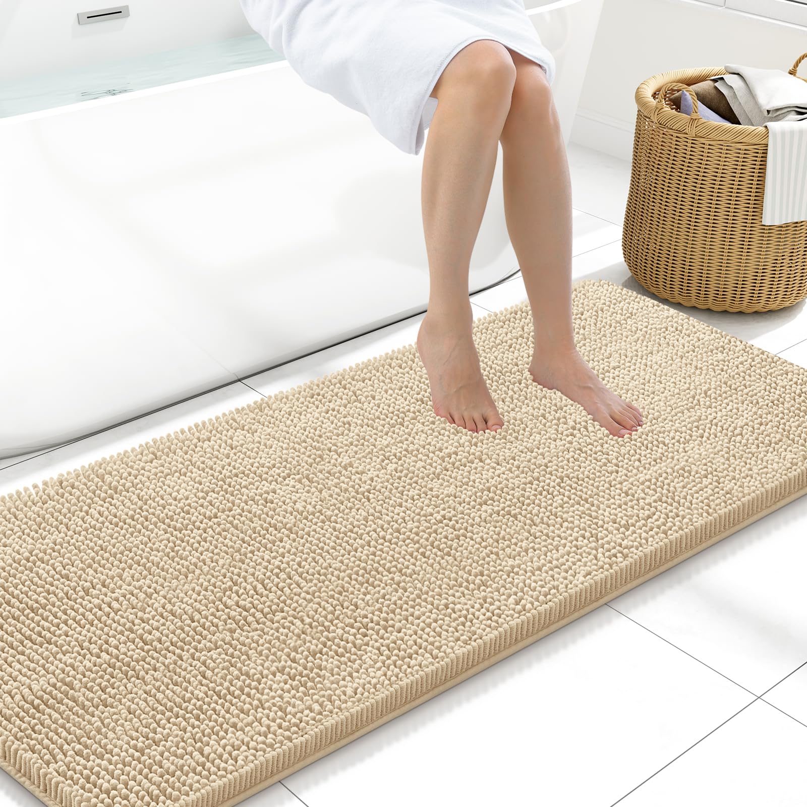 Arotive Bathroom Rugs 70x24, Extra Soft Absorbent Shaggy Chenille Bath Rugs, Machine Washable Rubber Backing Non-Slip Bath Mats for Bathroom Floor Tub and Shower, Home Decor Accessories, Beige