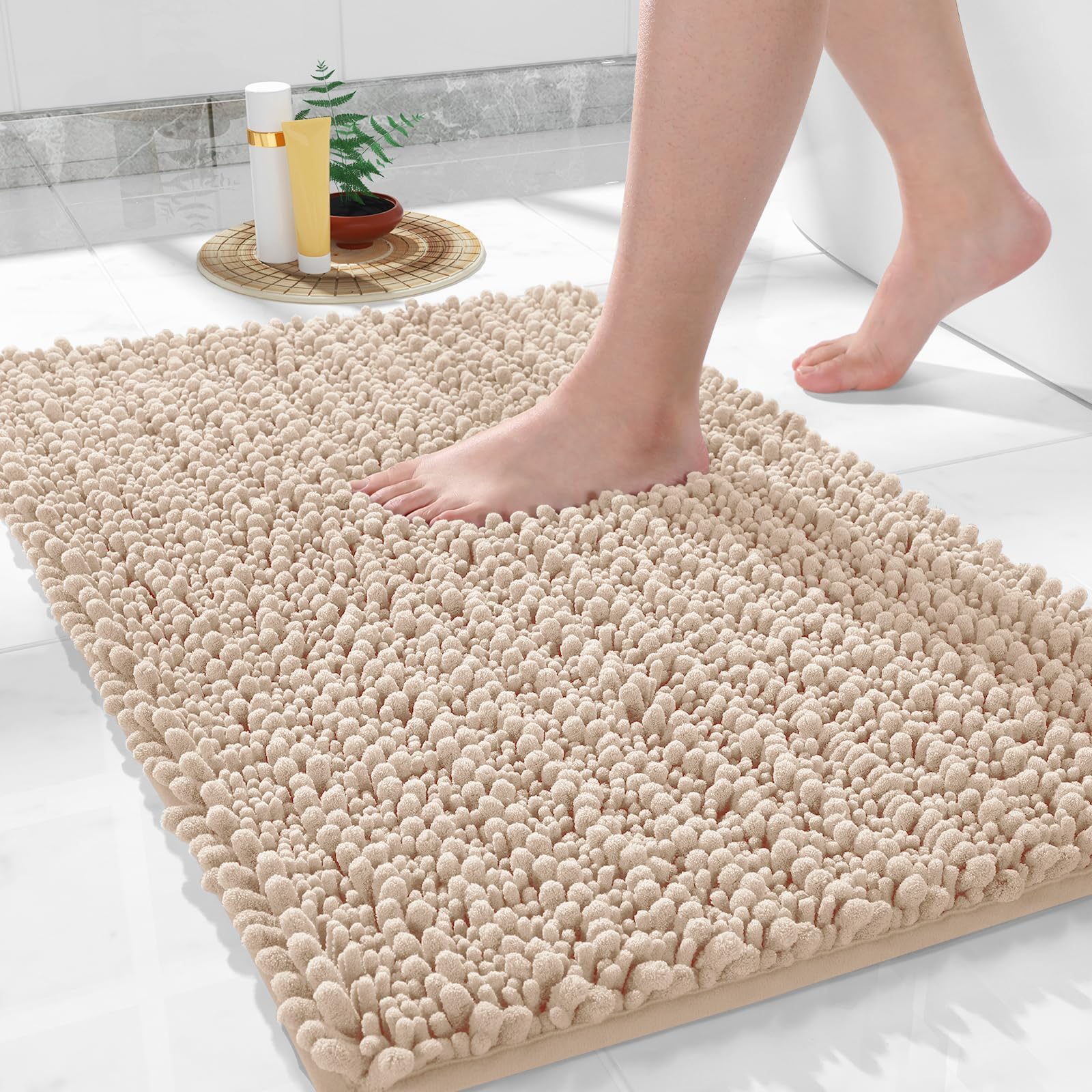 Yimobra Bathroom Rugs Non Slip Washable - Ultra Soft Absorbent Chenille Bath Mat, Quick Dry Shaggy Floor Carpet for Tub Shower, Gray Home Decor Accessories, 24x17 Inch