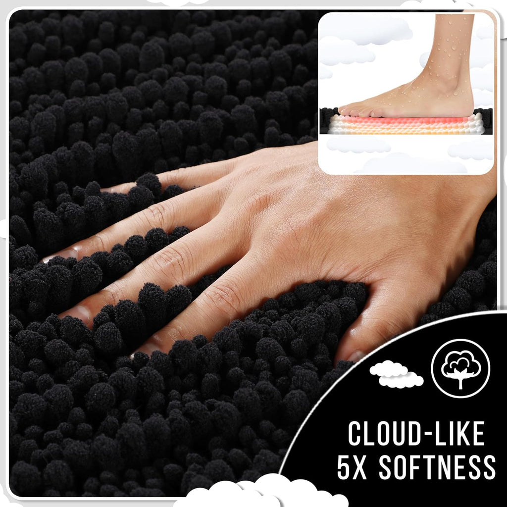 Yimobra Bathroom Rugs Sets 2 Piece - Quick Dry Extra Thick Luxury Chenille Bath Mat, Non Slip Super Absorbent for Tub Shower Sink, Machine Washable Shaggy Floor Mat, 32"x20"+24"x17" Inch, Black