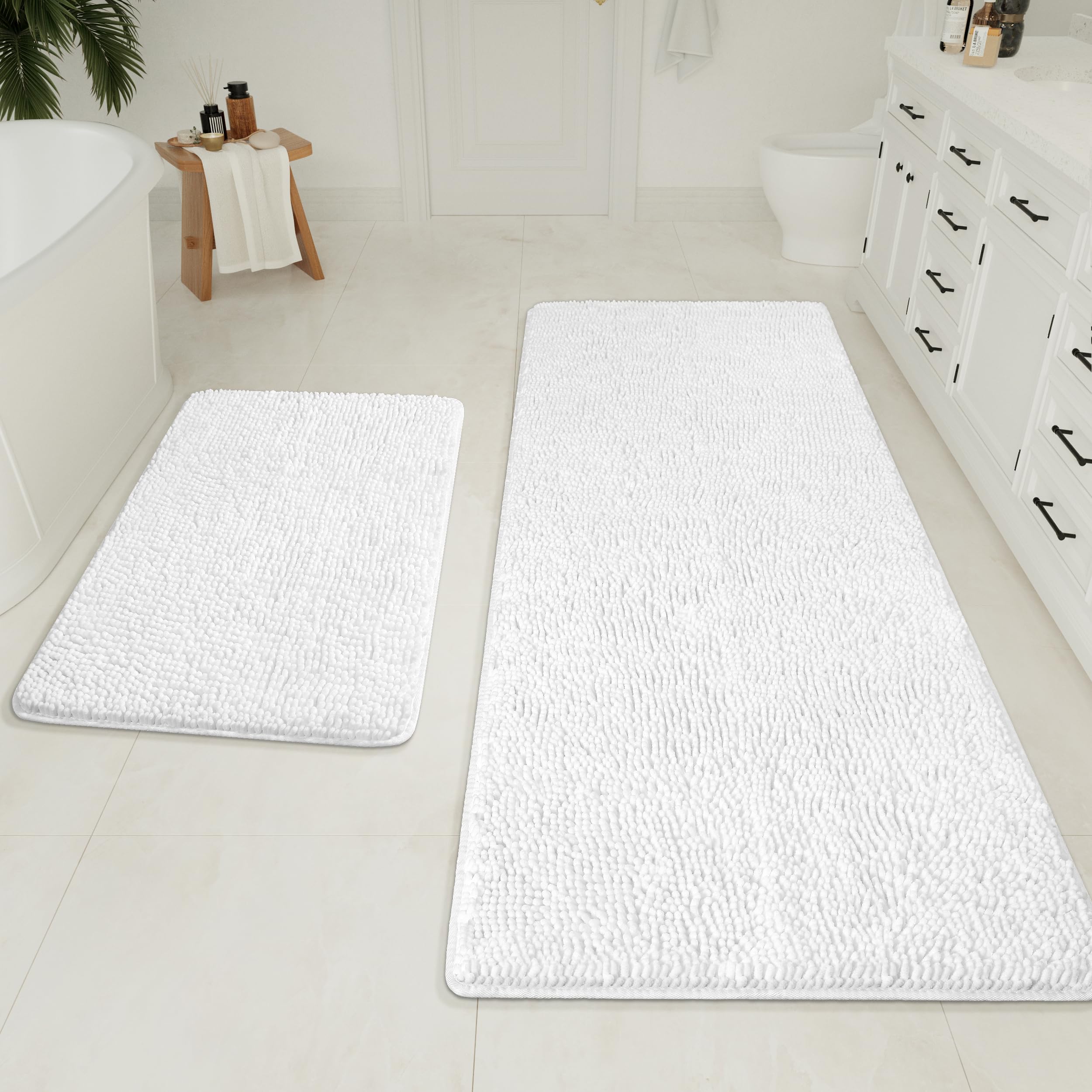 LOCHAS Bathroom Rugs Sets 2 Piece, 17 x 24 Plus 20 x 32 Inches Thick Non Slip Bath Rug Set, Absorbent Soft Chenille Bath Rug, Machine Washable Quick Dry Bath Mat for Bathroom Floor, Grey