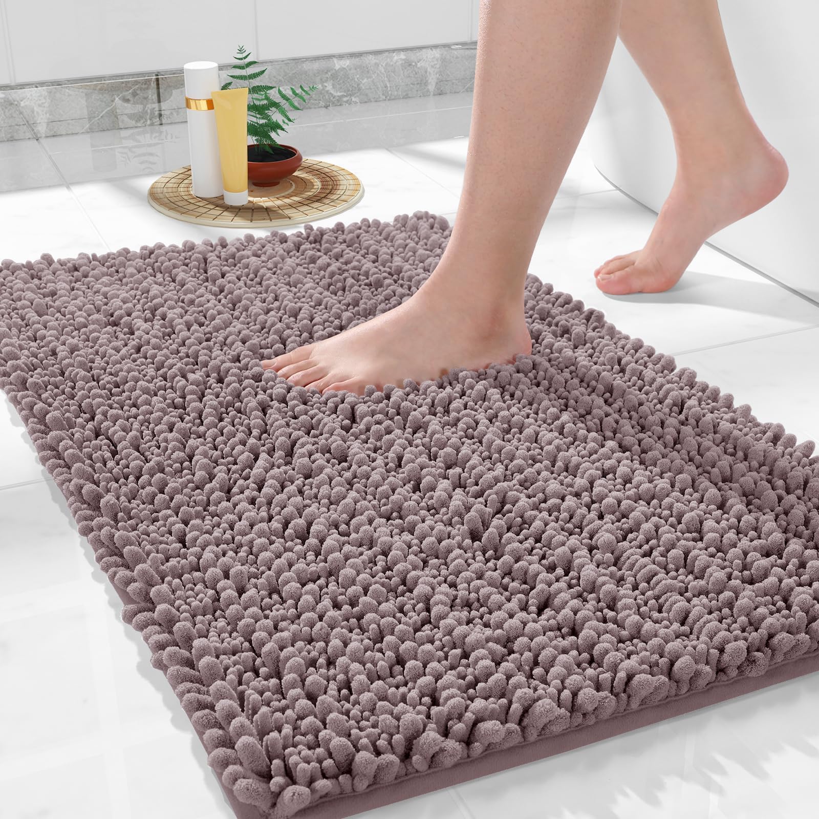 Yimobra Bathroom Rugs Non Slip Washable - Ultra Soft Absorbent Chenille Bath Mat, Quick Dry Shaggy Floor Carpet for Tub Shower, Gray Home Decor Accessories, 24x17 Inch