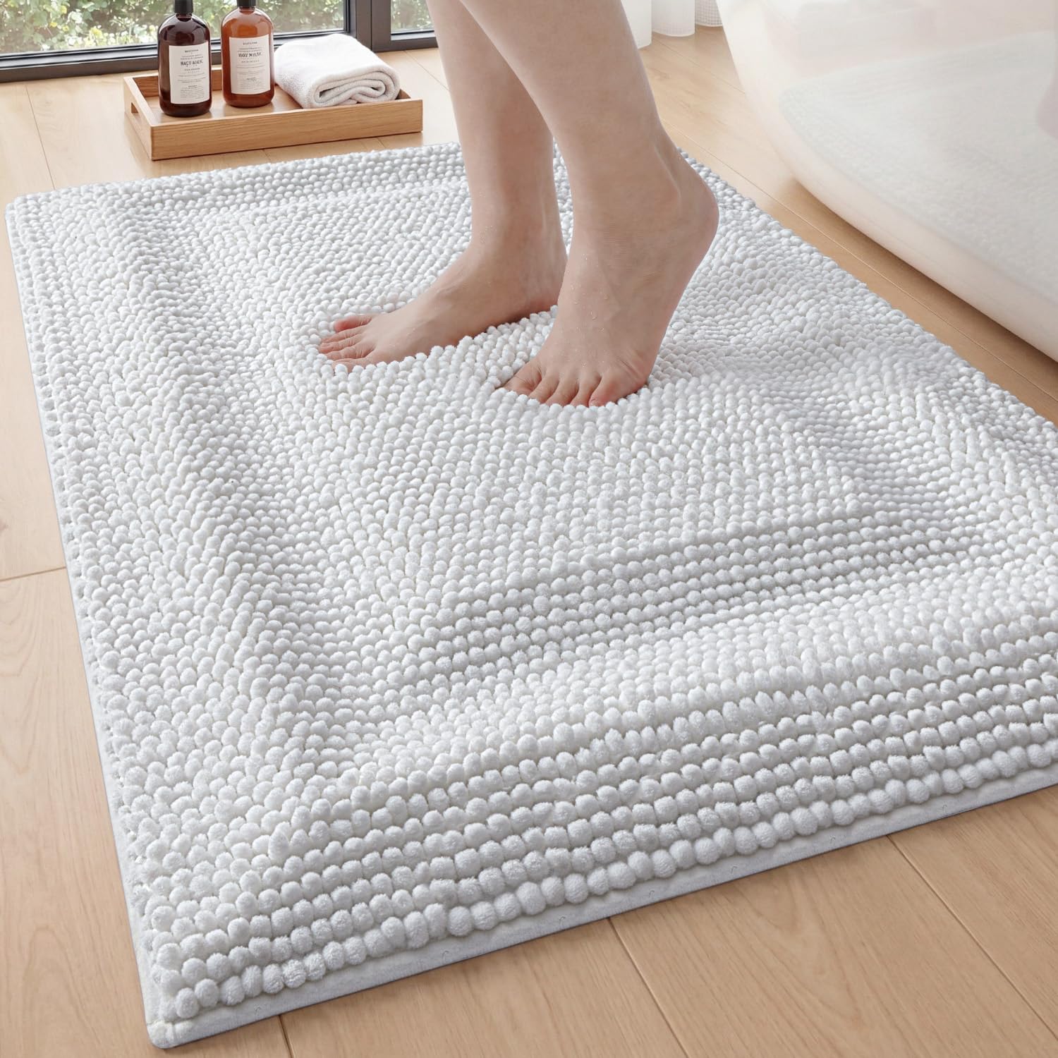 DEXI Bath Mats for Bathroom 16x24, Non Slip Washable Bathroom Rug, Thick Soft Chenille Absorbent Bathmat for Shower Floor, Fluffy Shaggy Carpet for Tub, Grey