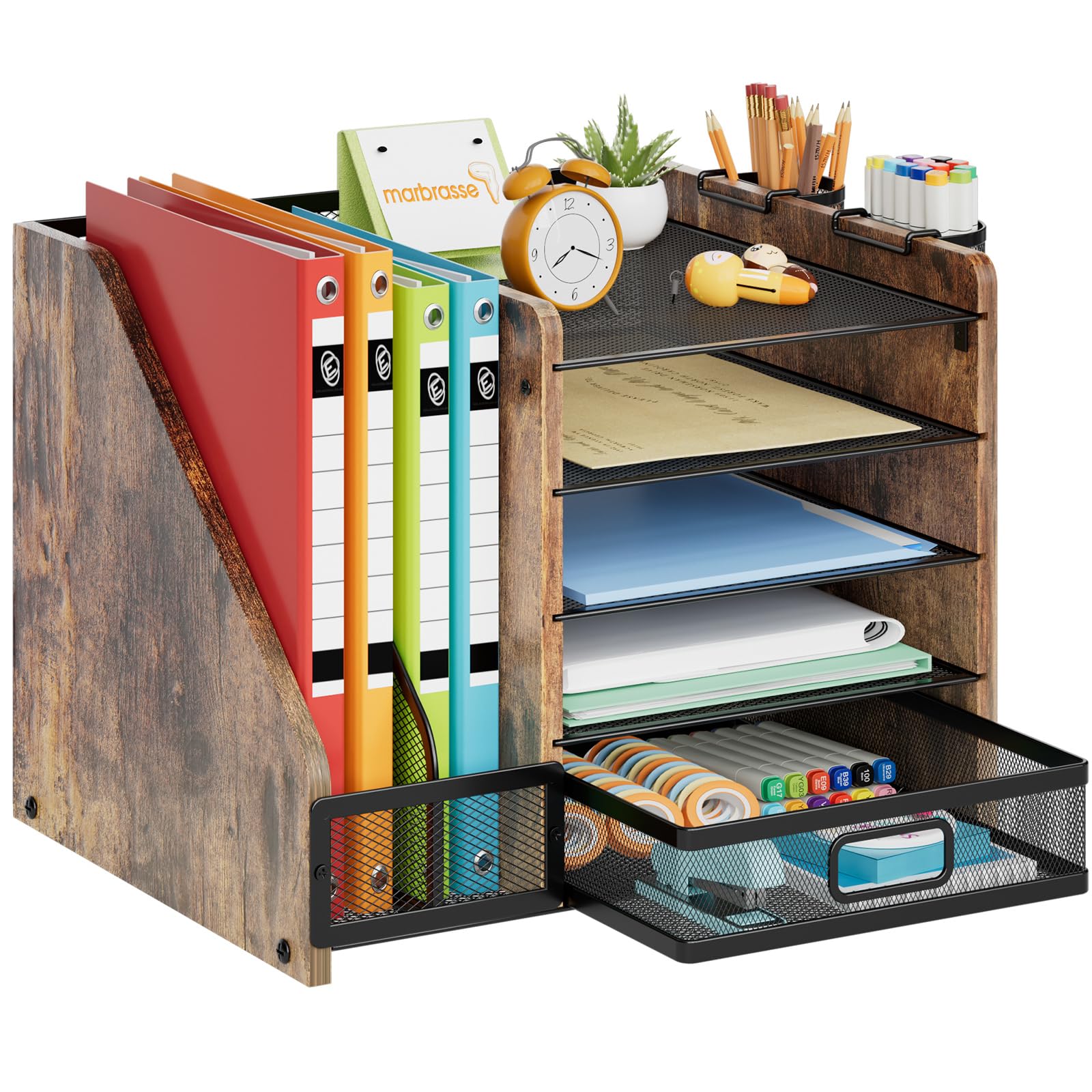 Marbrasse Desk Organizer with File Holder, 5-Tier Paper Letter Tray Organizer with Drawer and 2 Pen Holder, Mesh Desktop Organizer and Storage with Magazine Holder for Office Supplies (Wood-Brown)