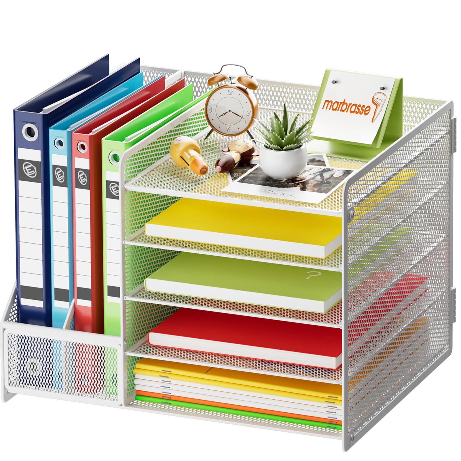 Marbrasse Desk Organizer with File Holder, 5-Tier Paper Letter Tray Organizer with Drawer and 2 Pen Holder, Mesh Desktop Organizer and Storage with Magazine Holder for Office Supplies (Wood-Brown)