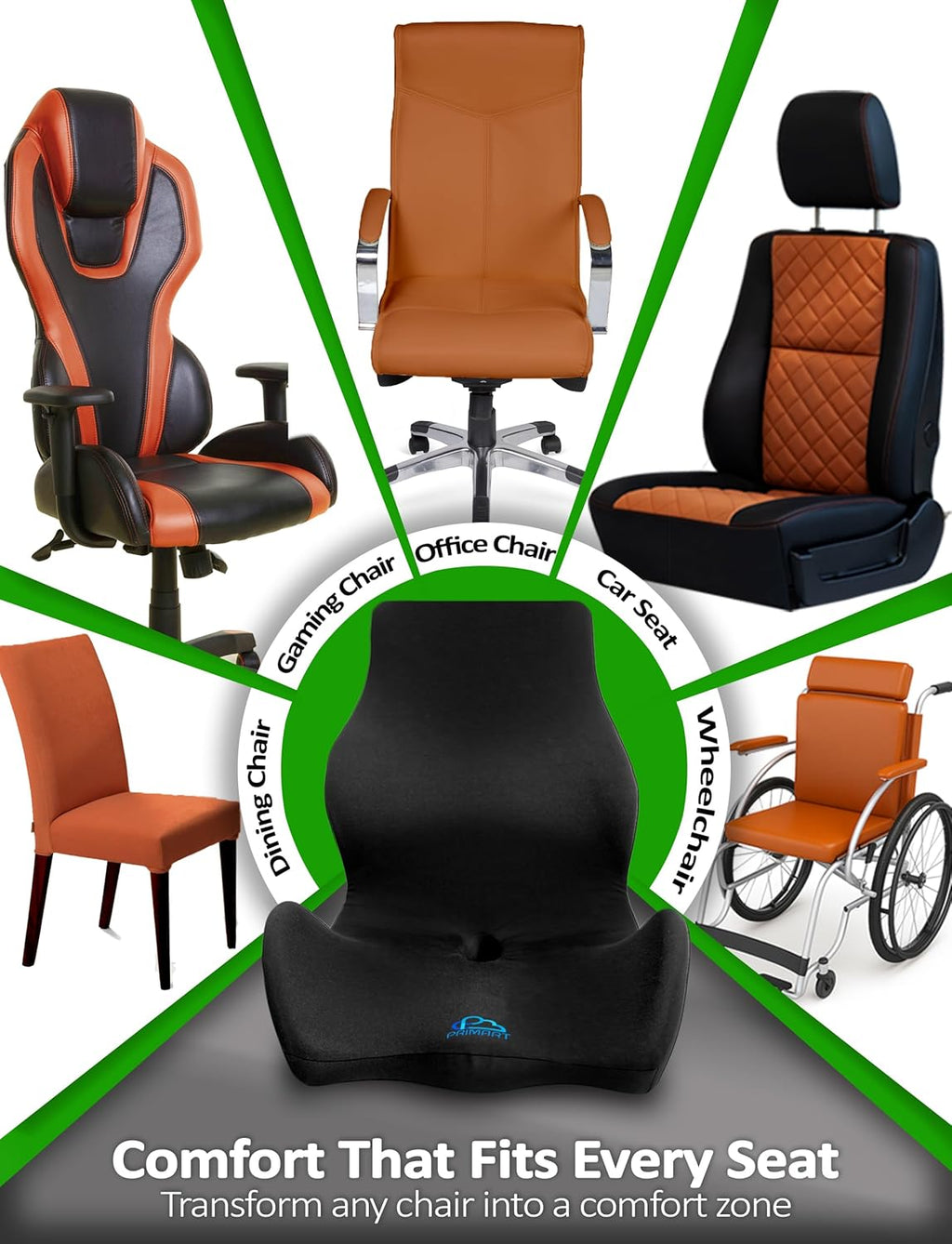 Ergonomic Memory Foam Seat Cushion for Office Chair, Car Seat, Dining, Gaming Chair & Wheelchair, Full Back & Lumbar Support Pillow One Piece, Back Pain Relief, Coccyx, Tailbone & Sciatica Pain Relief