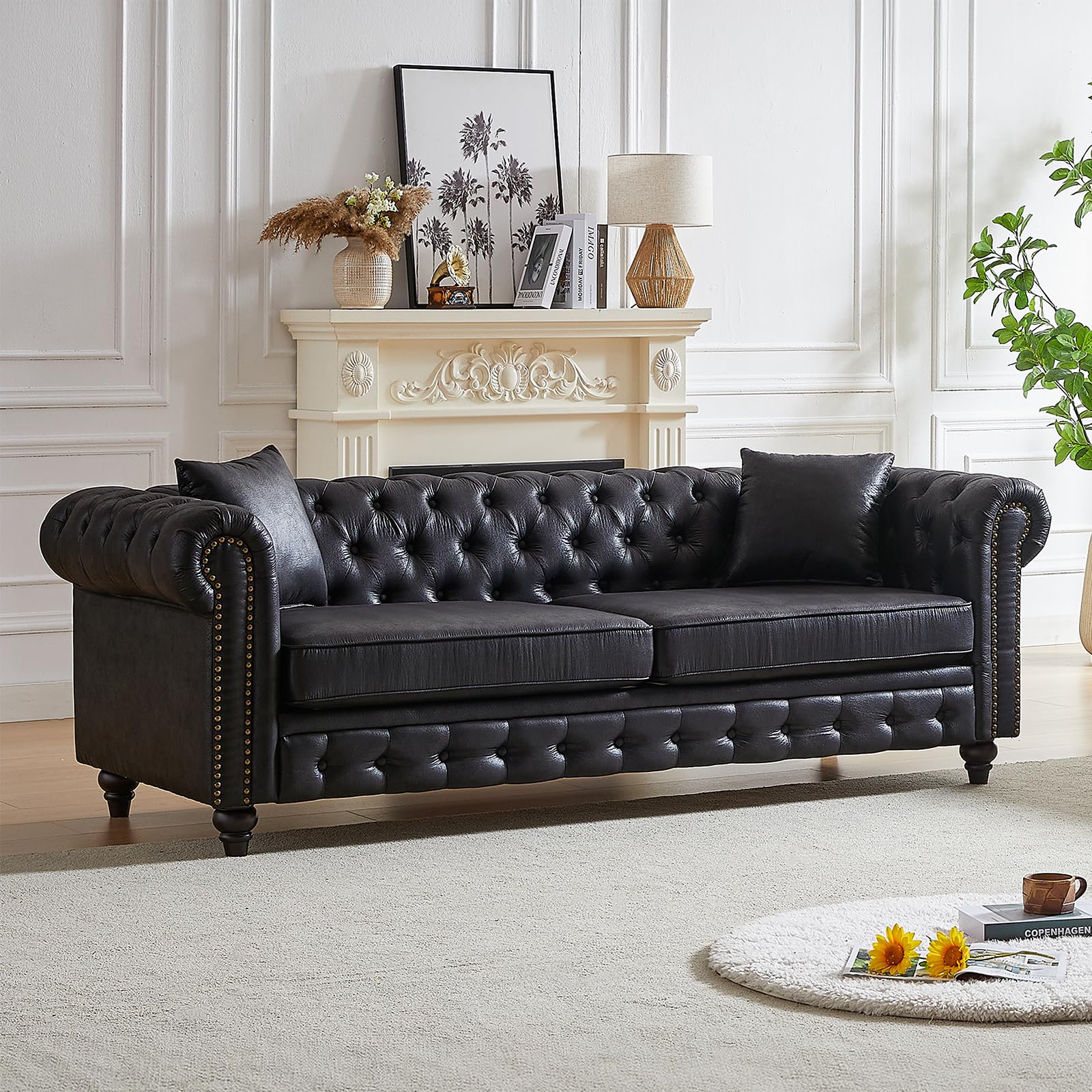 Mid Century Modern Loveseat Sofa, 63.5"W Velvet Fabric Button Tufted Small Couch with Nailhead Trim & Roll Armrest, Upholstered Comfy Chesterfield Sofa for Living Room, Office(2 Seater, Light Grey)