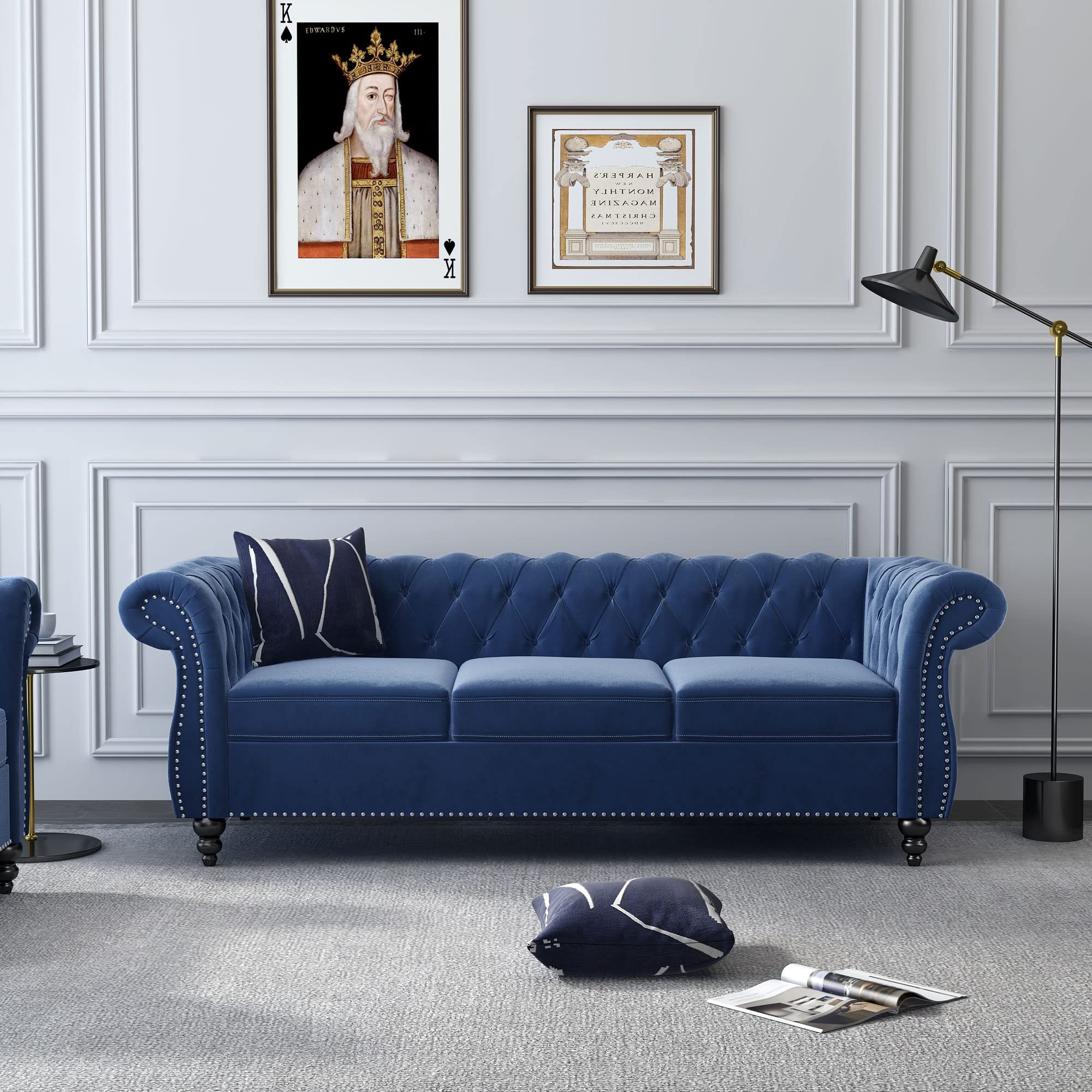ORRD Chesterfield Loveseat, Modern Velvet Sofa Tufted Couch 2 Seater with Scroll Arms and Nailhead for Living Room, Bedroom, Office, Apartment (Beige)
