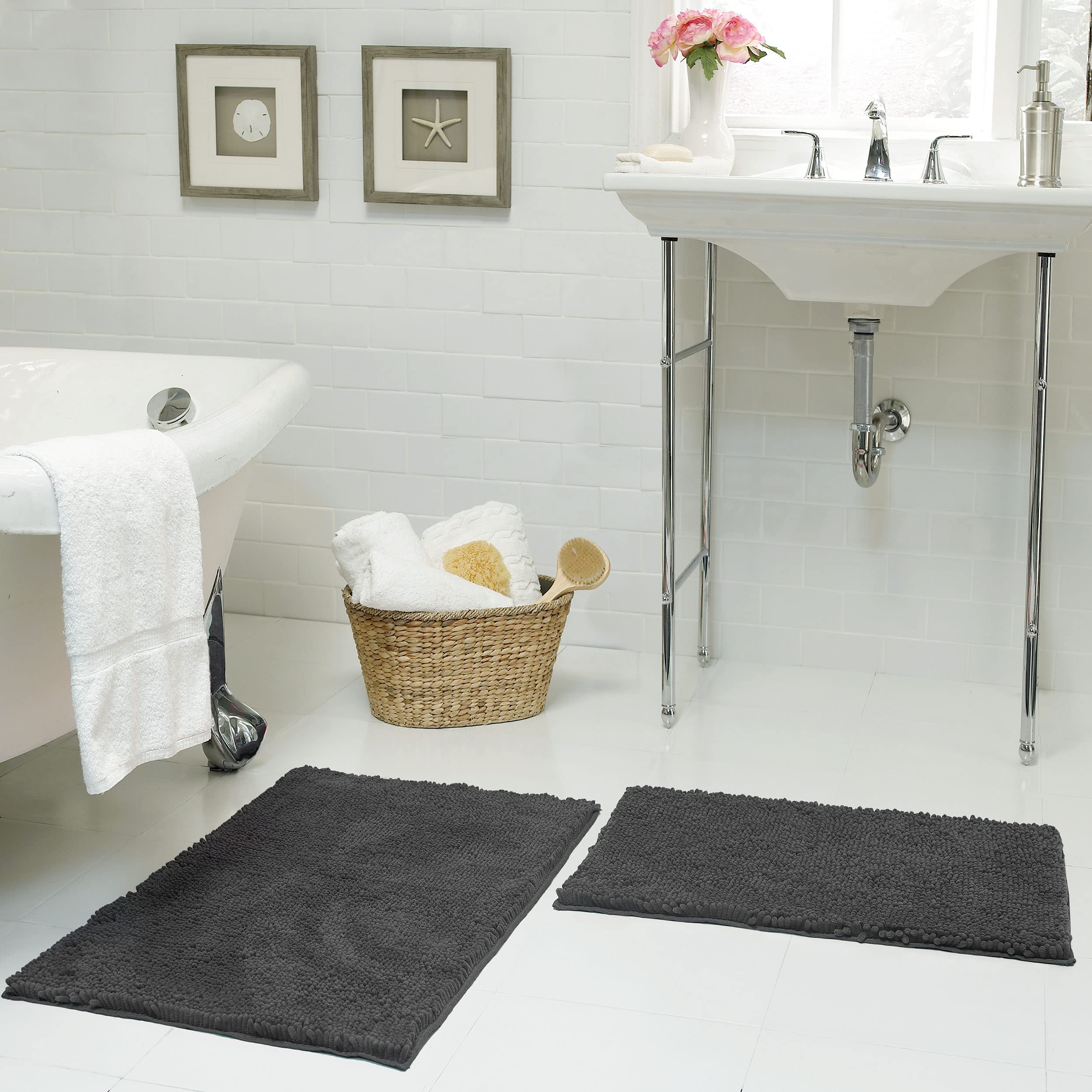 Creative Home Ideas Resort Collection Plush Chenille Bathroom Rugs – Non-Slip Backing and Machine Washable, Sage Green - 24 x 60 Inches Bath Mat